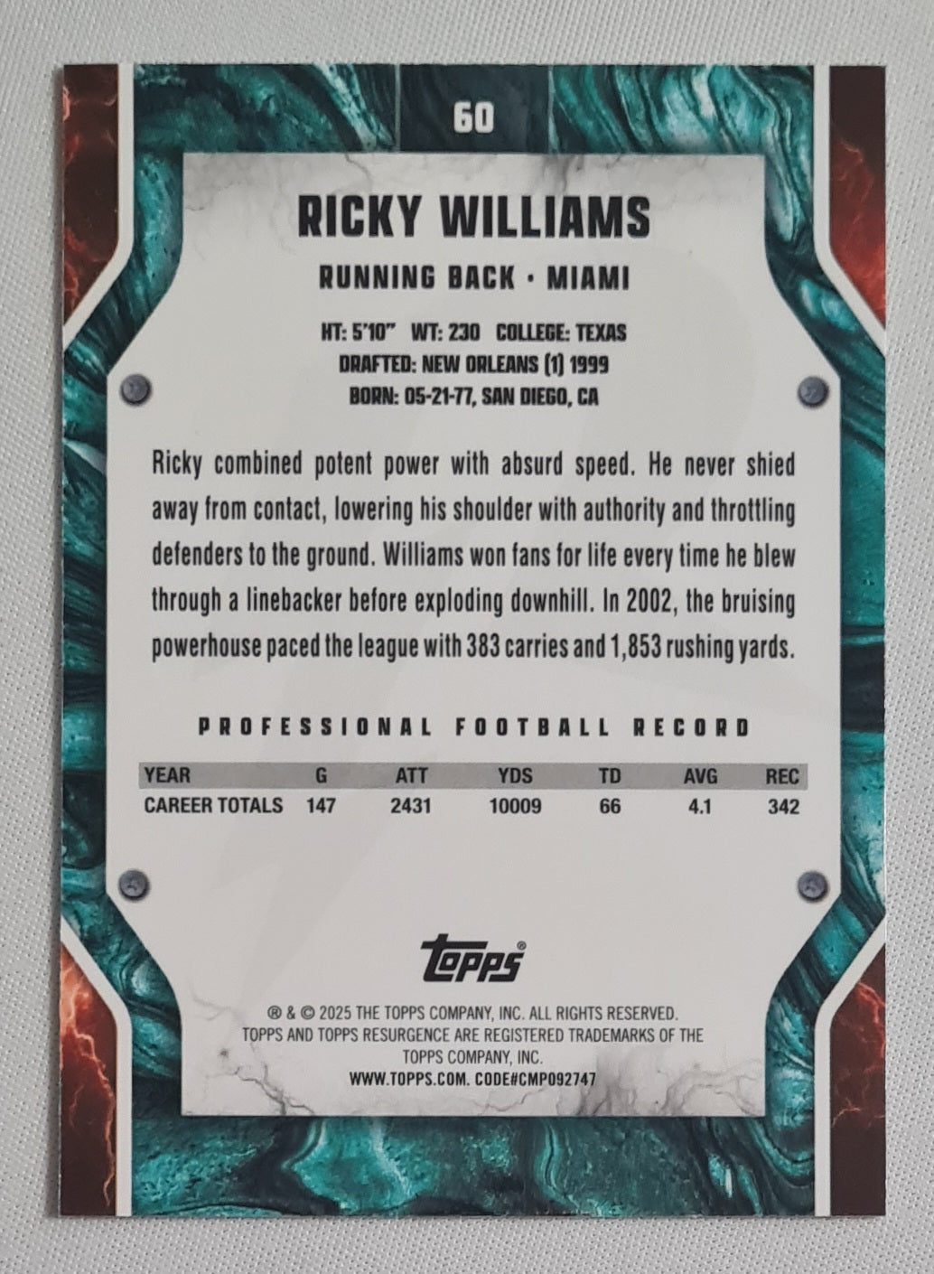 Ricky Williams - 2025 Topps R NFL Football Miami Dolphins #60 /199