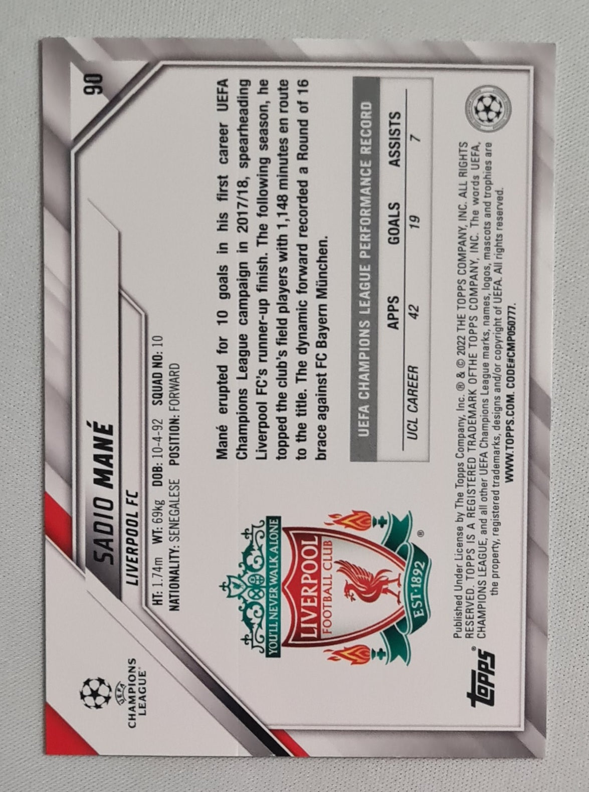 Sadio Mane - 2022 Topps Premier League Soccer Liverpool (CL) #90 Speckle Refractor