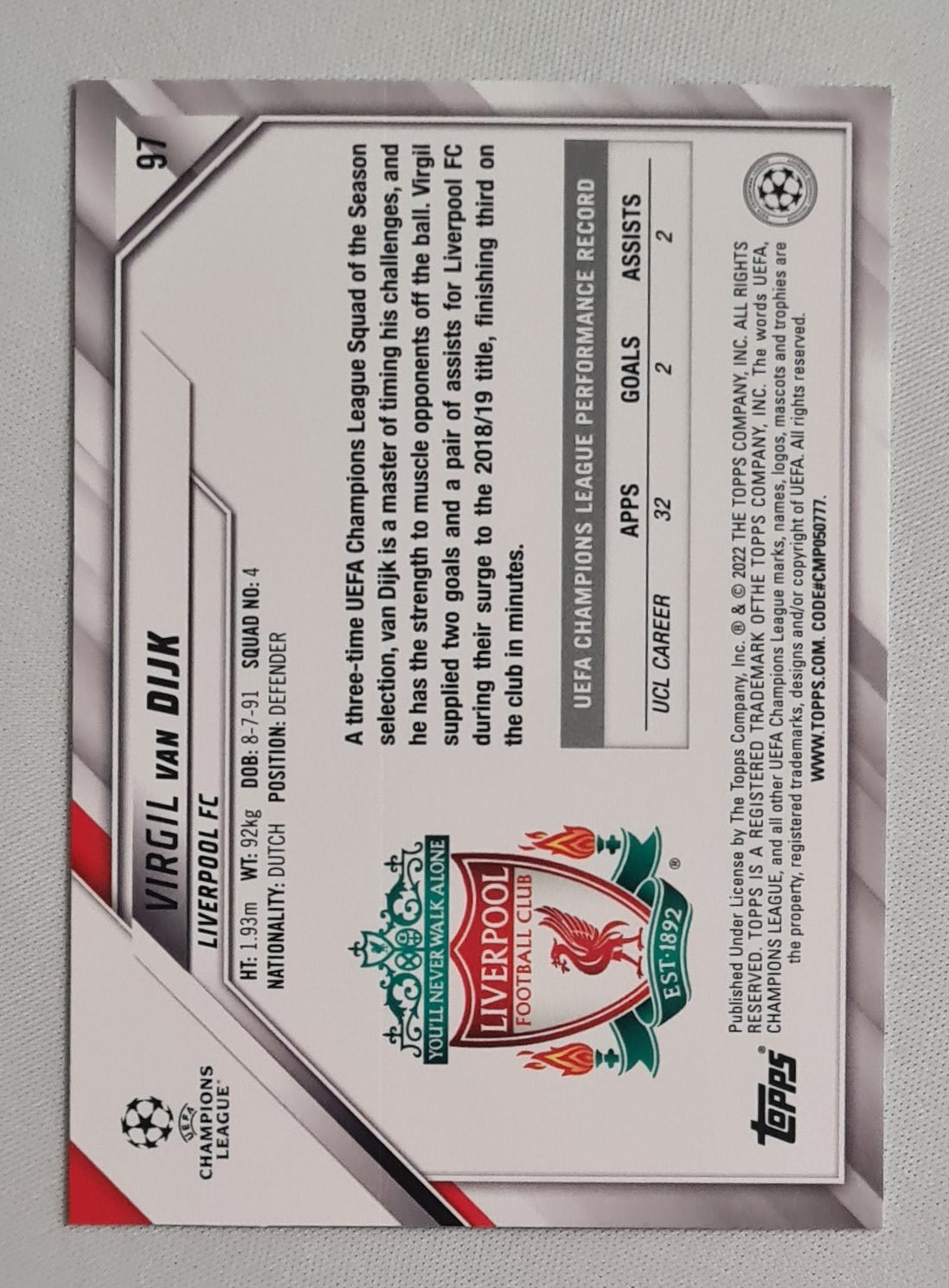 Virgil van Dijk - 2022 Topps EPL Liverpool (CL) #97 Speckle Refractor