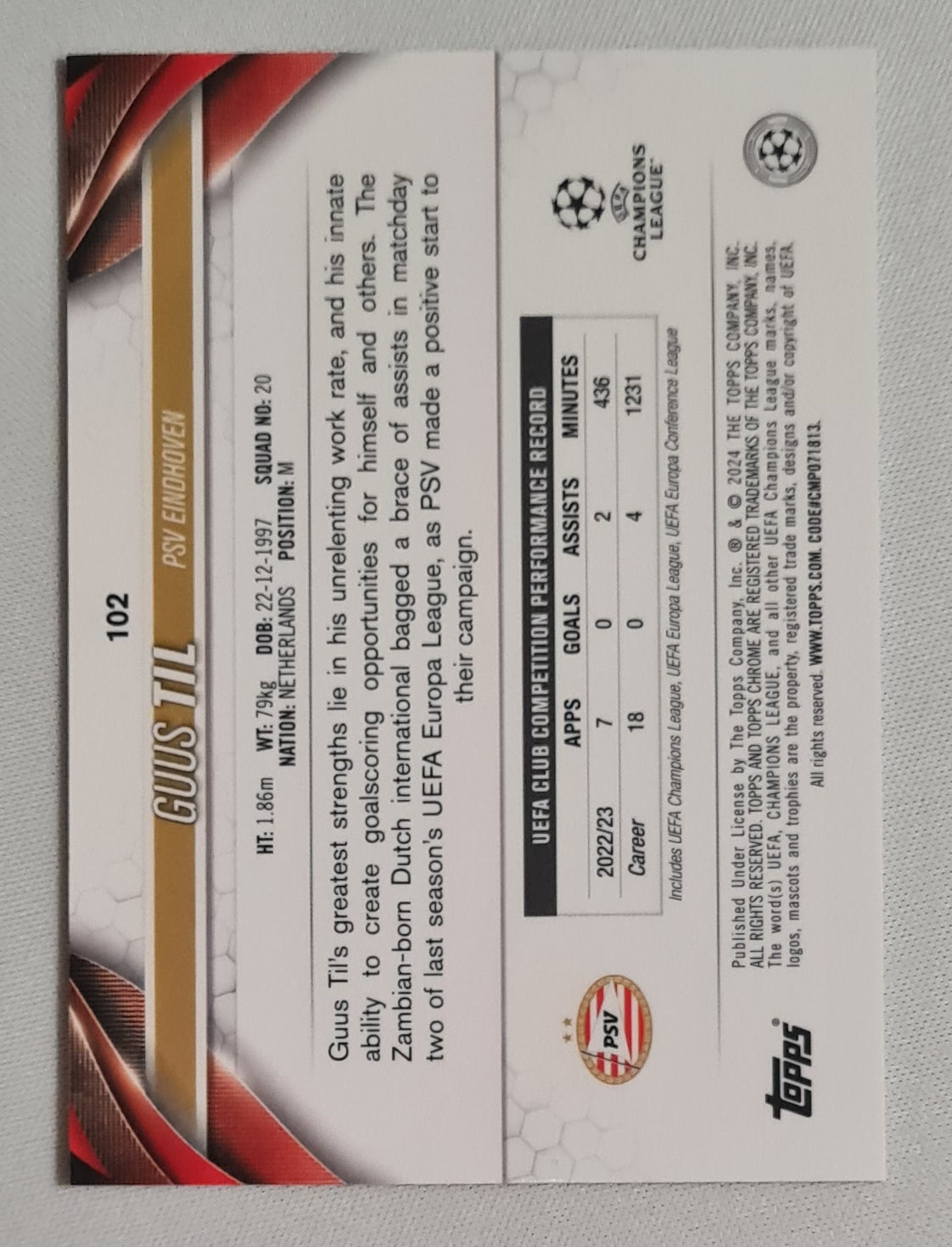 Guus Till - 2024 Topps Chrome PSV Eindhoven (CL) #102 Magenta X Fractor /250