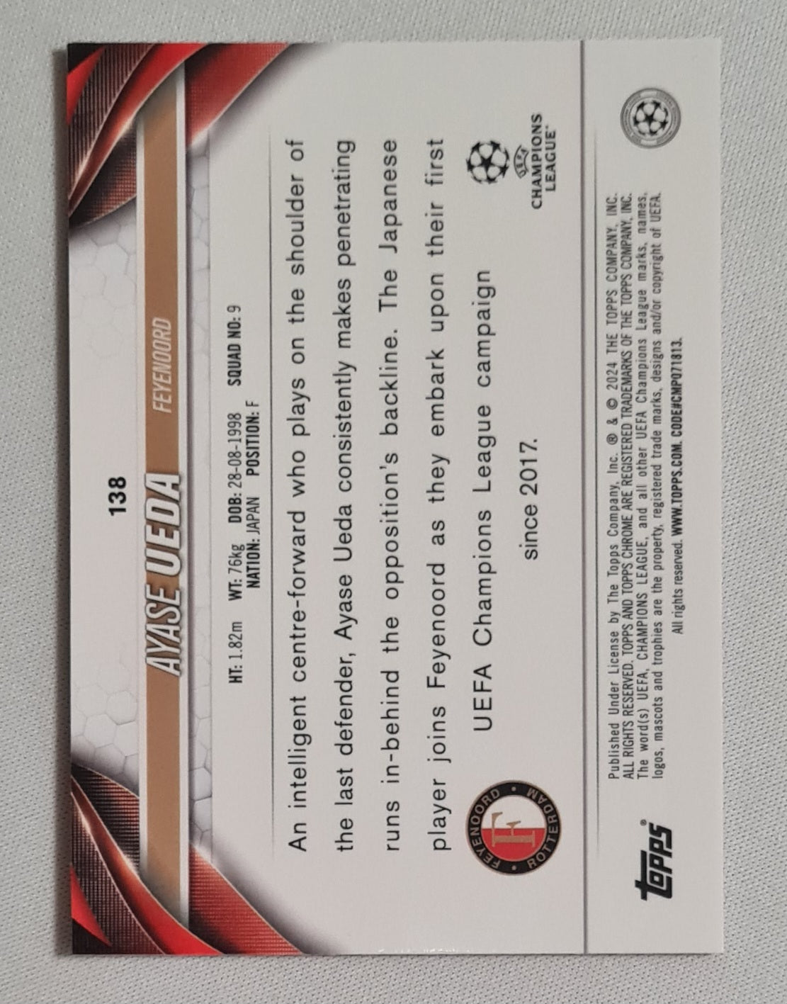 Ayase Ueda - 2024 Topps Chrome Feyenoord Rotterdam (CL) #138 Magenta X Fractor /250