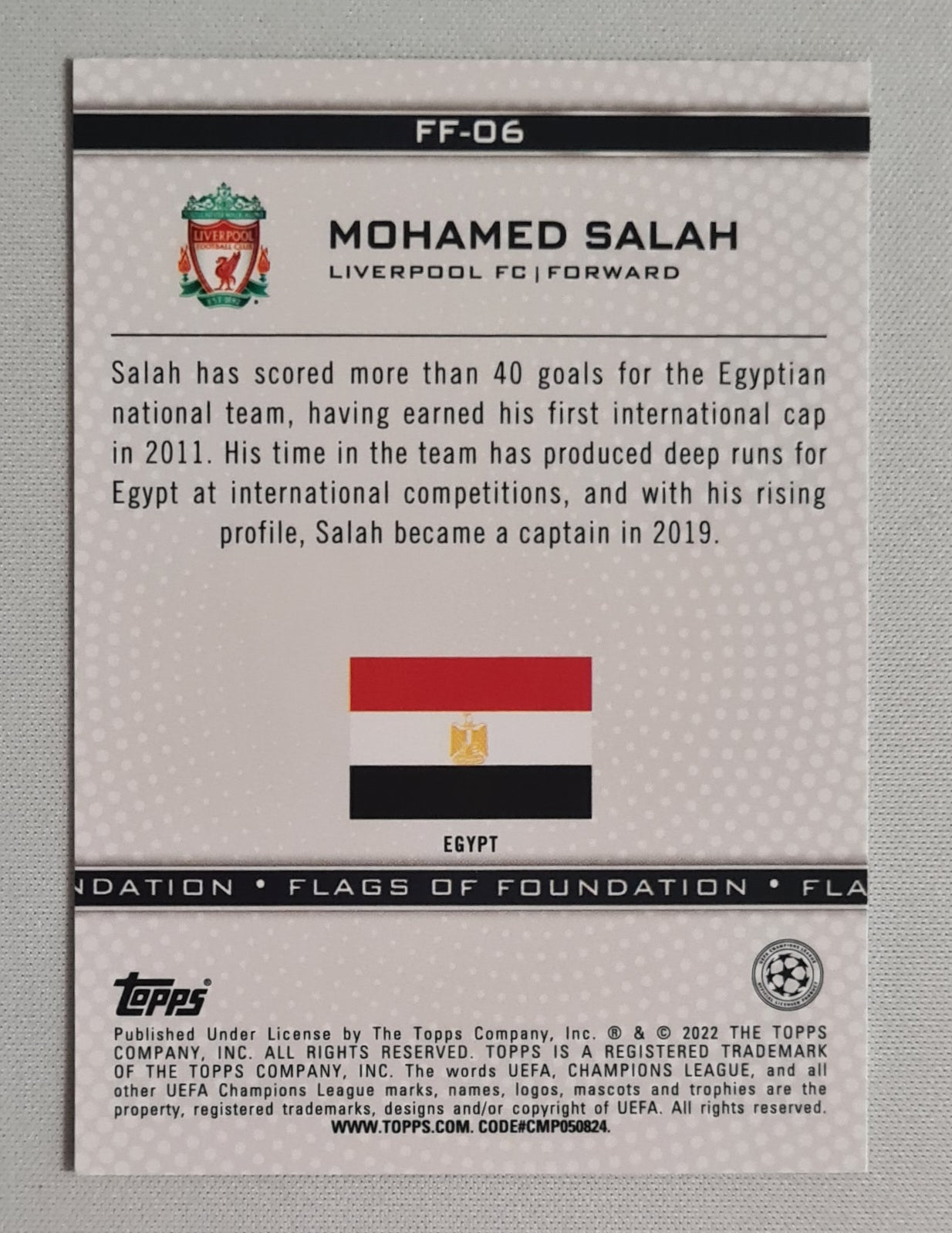 Mohamed Salah - 2022 Topps Flags of Foundation Liverpool FC (CL) Nationality Egypt (flag) #FF-06