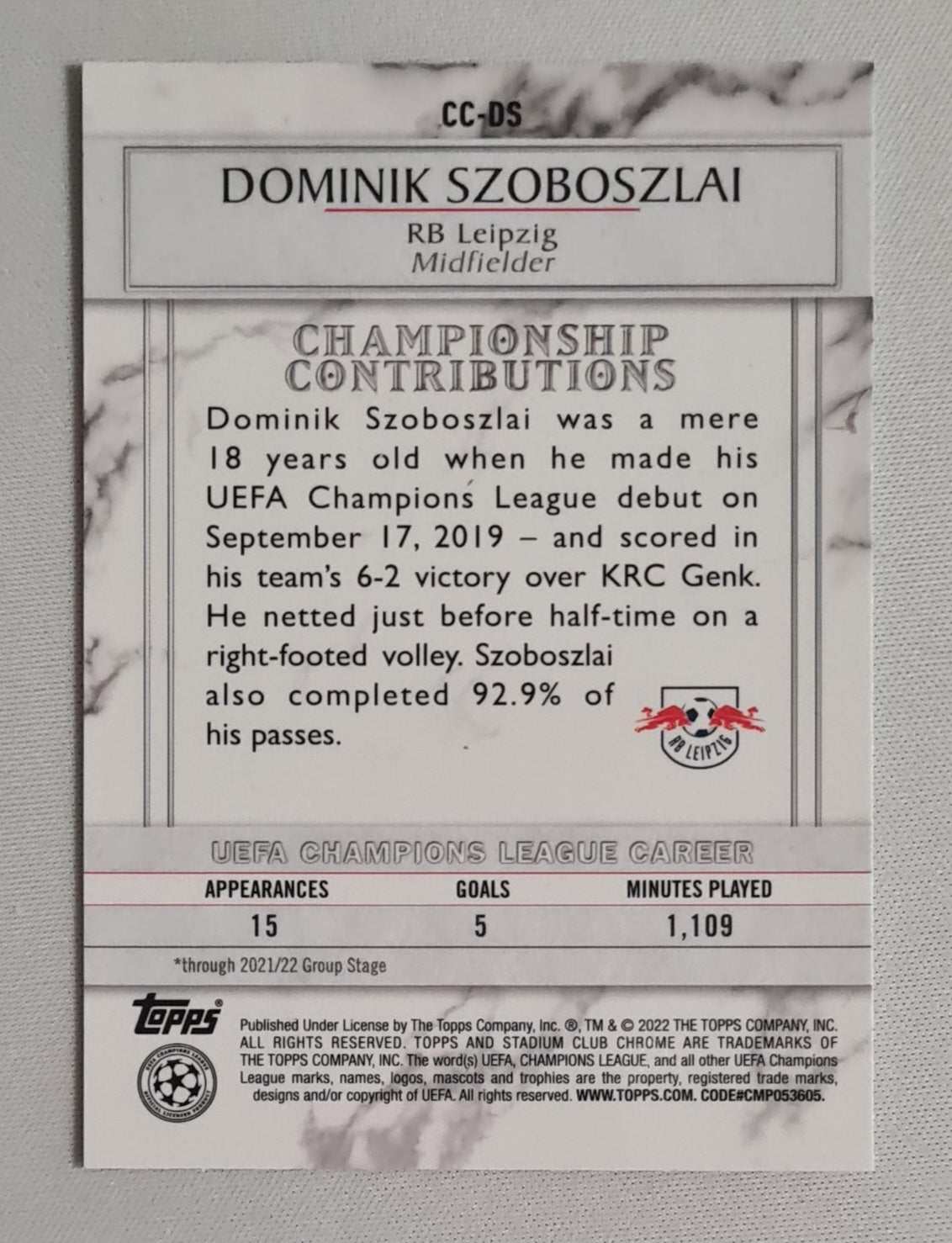 Dominik Szoboszlai - 2022 Topps Chrome Stadion Championship Contributions RB Leipzig (CL) #CC-DS