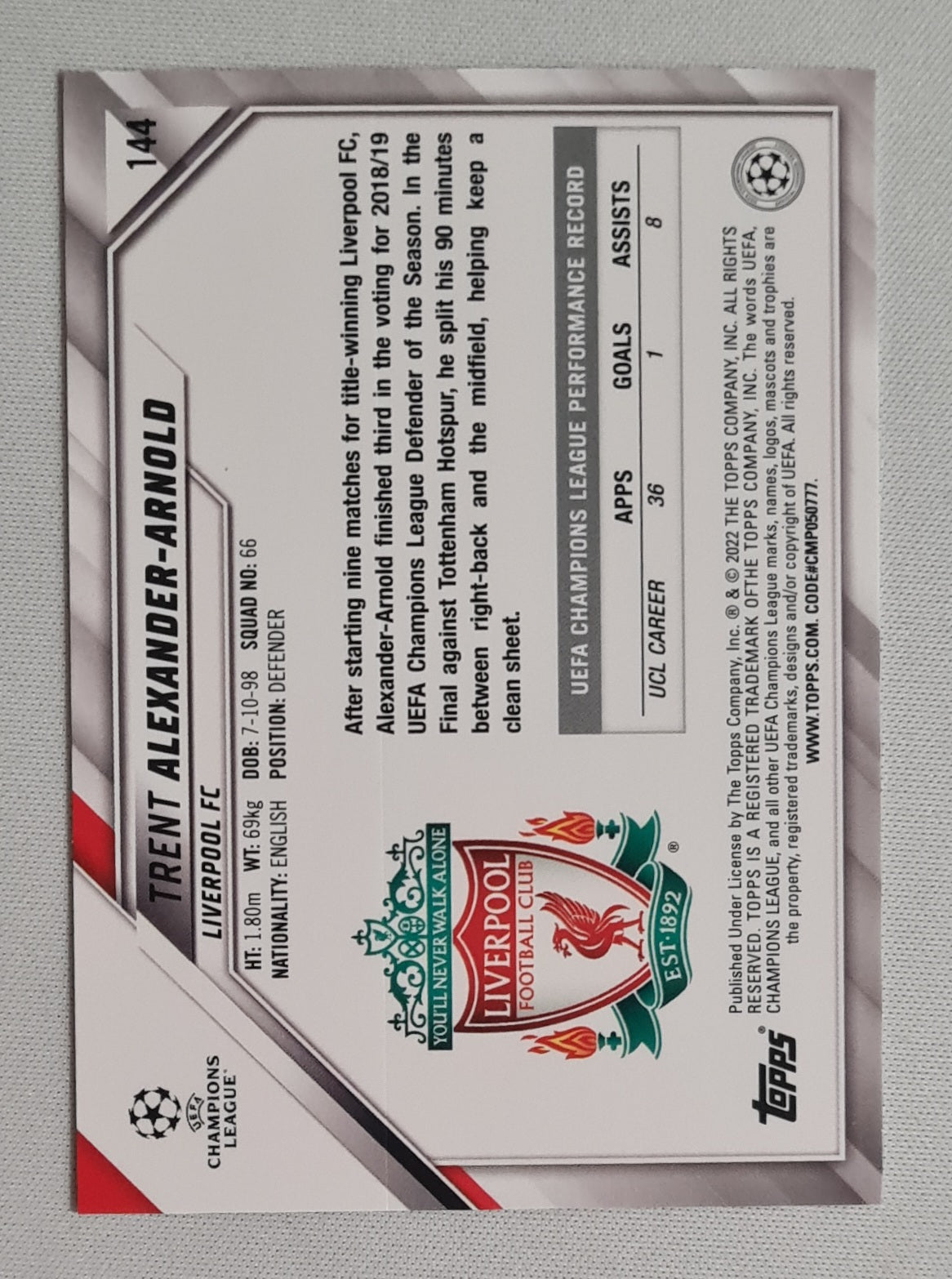 Trent Alexander-Arnold - 2022 Topps EPL Liverpool F.C. #144