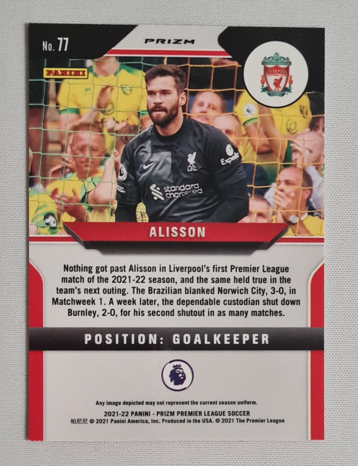 Alisson - 2021/22 Panini Prizm Premier League Soccer Liverpool Prizm #77 Red, White, Blue Prizm