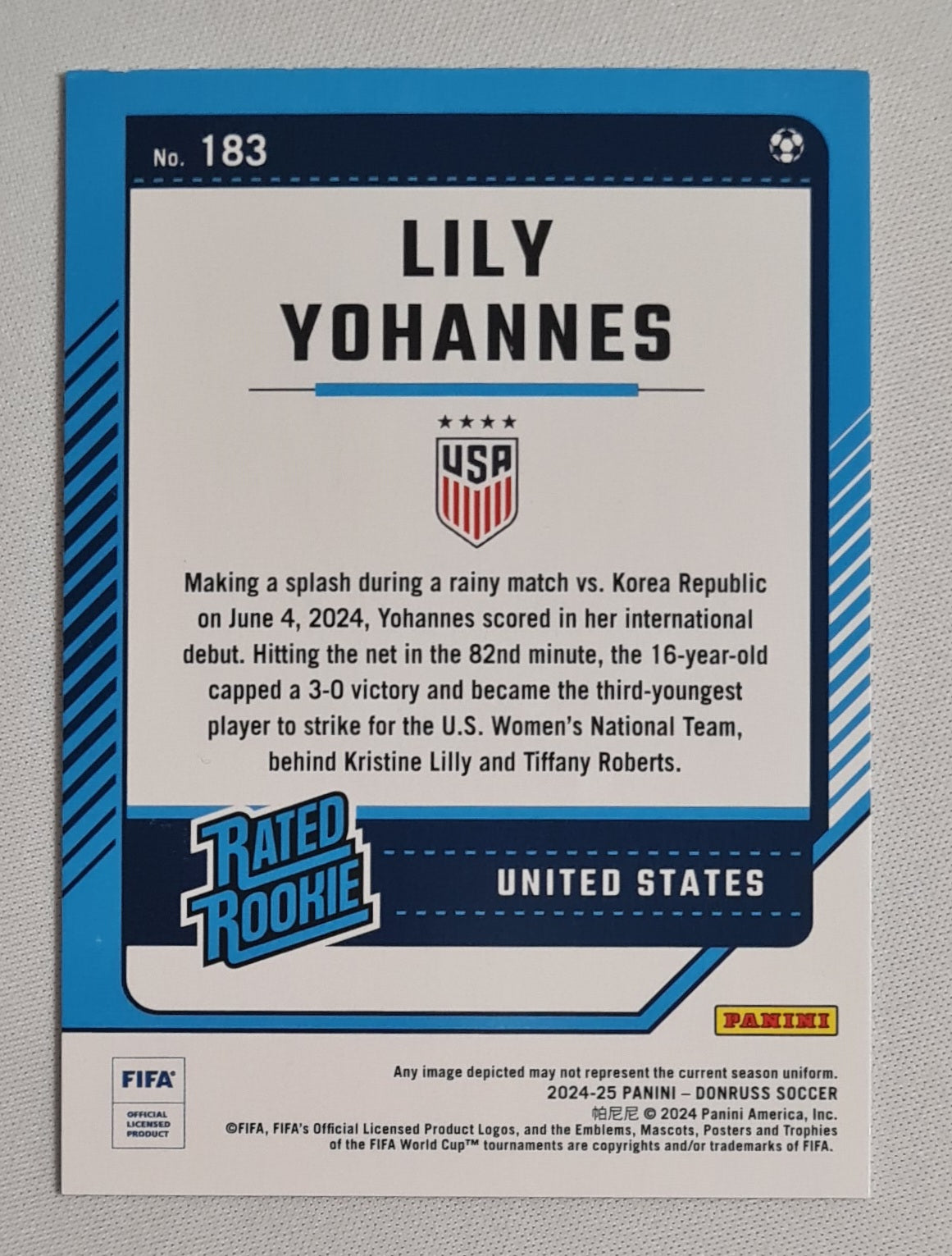 Lily Yohannes - 2024/25 Panini Donruss Soccer National Team USA Rated Rookie #183