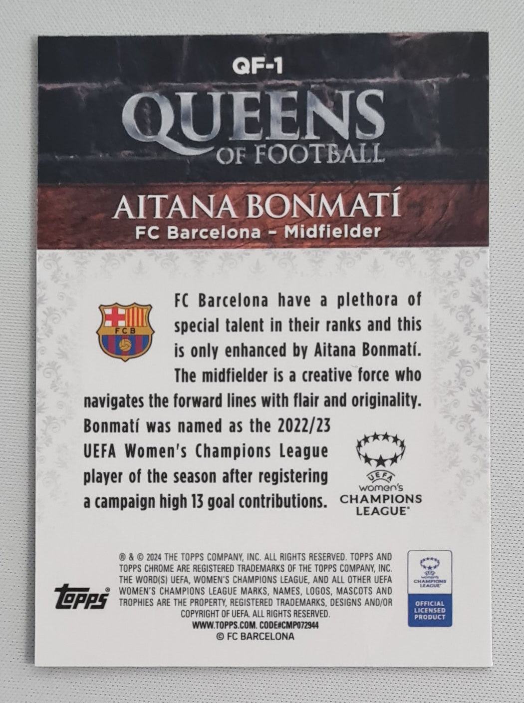Aitana Bonmati - 2024 Topps Chrome FC Barcelona Women Soccer Queen of Football #QF-1