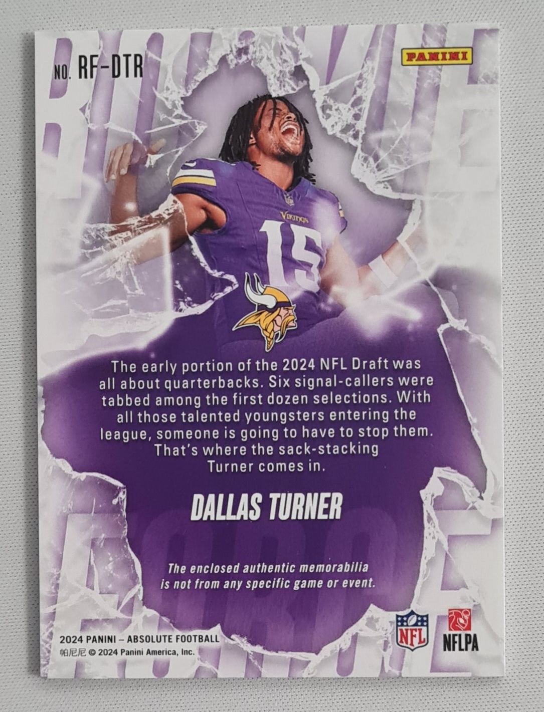 Dallas Turner - 2024 Panini Absolute Football NFL Vikings (RC) #RF-DTR /Patch