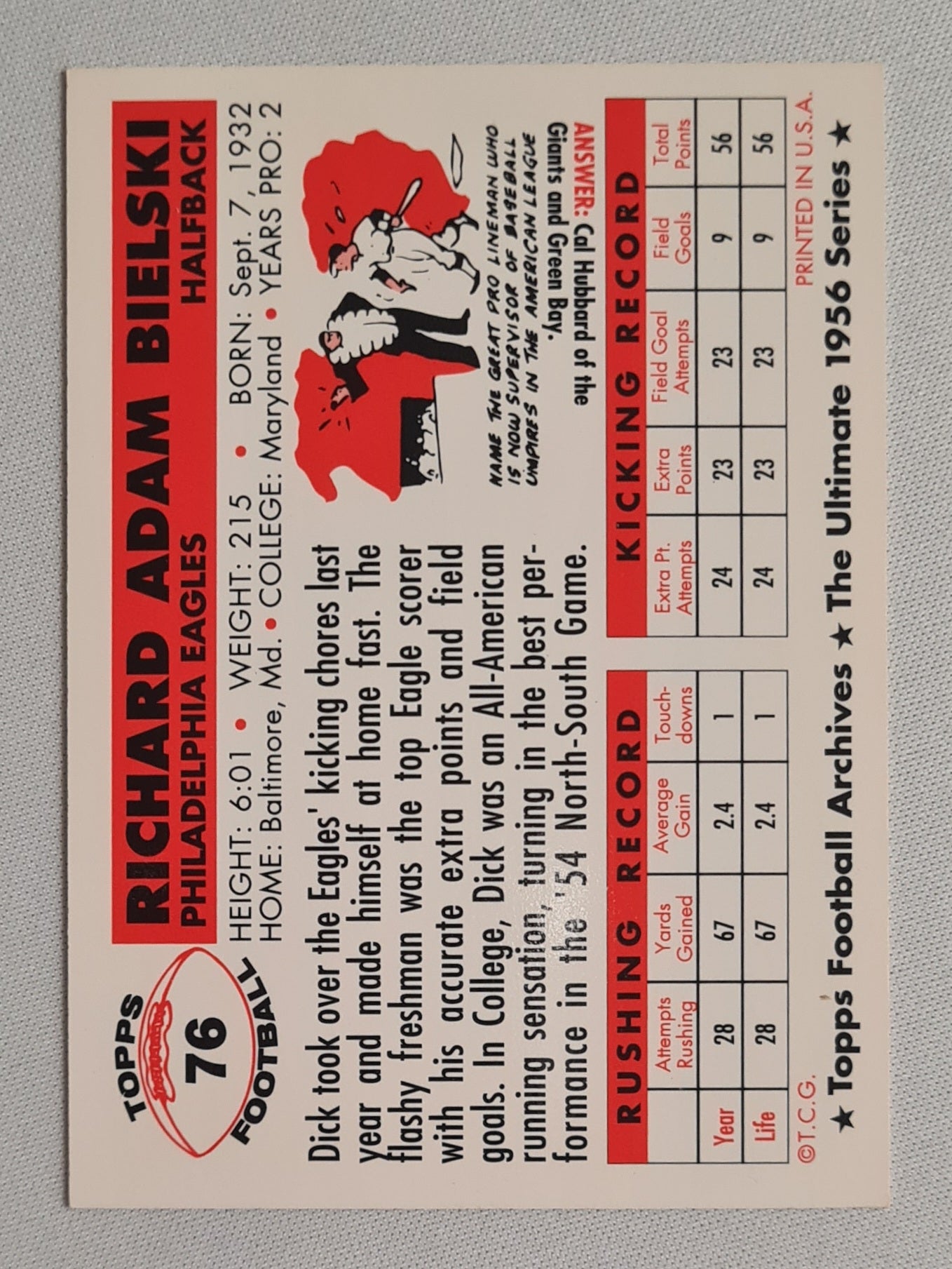 Dick Bielski - 1956 Topps Football Archives The Ultimate 1956 Series Philadelphia Eagles #76