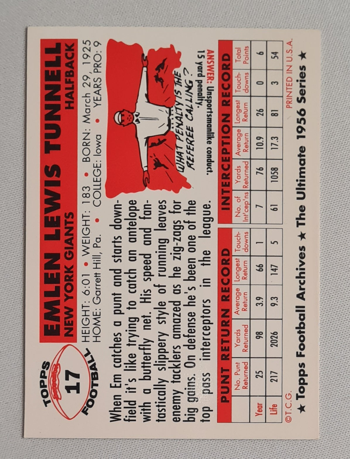 Emlen Tunnell - 1956 Topps Football Archives The Ultimate 1956 Series New York Giants #17