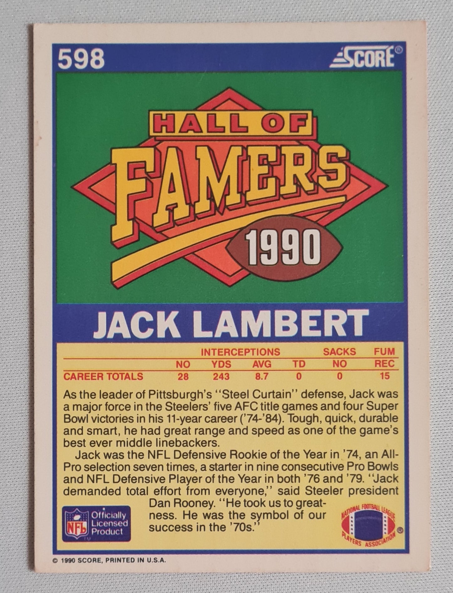 Jack Lambert - 1990 Score NFL Football Hall of Famers 1990 Pittsburgh Steelers #598