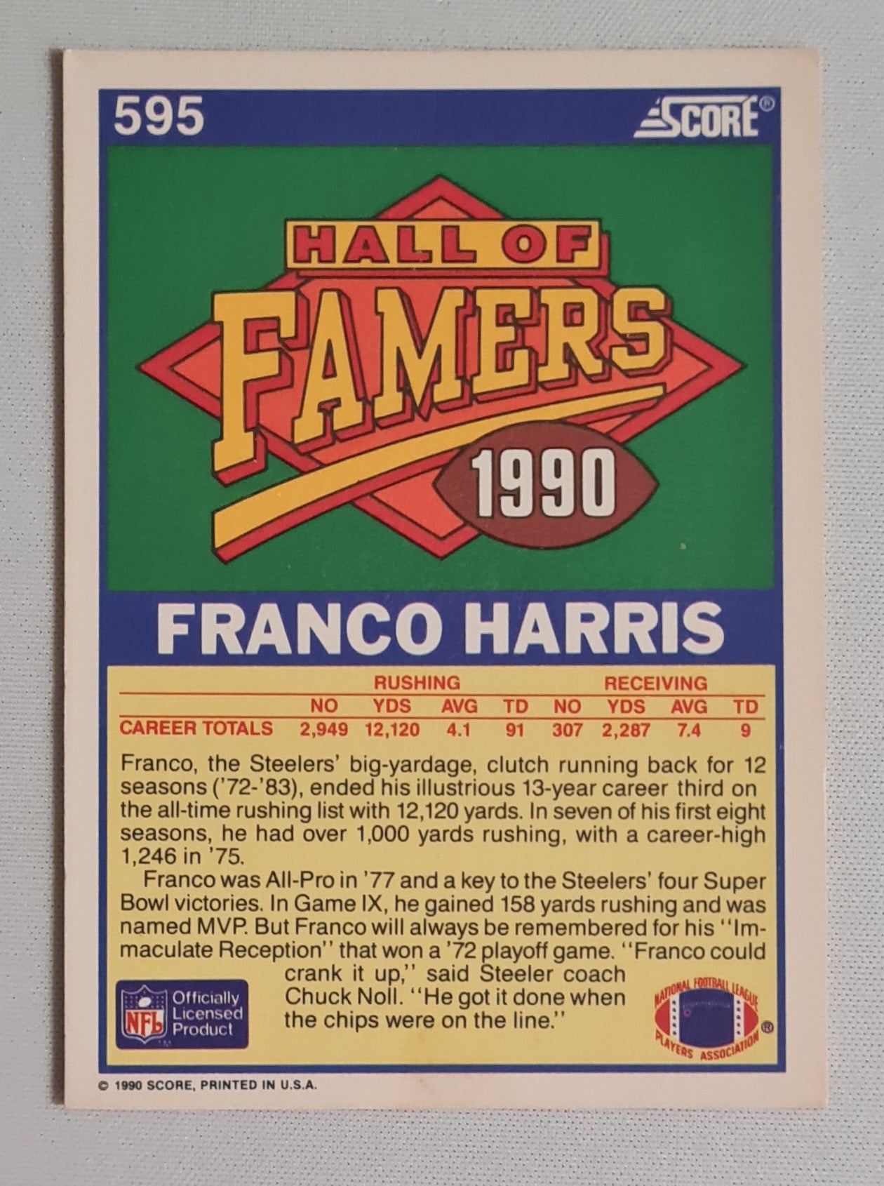 Franco Harris - 1990 Score NFL Football Hall of Famers 1990 Pittsburgh Steelers #595