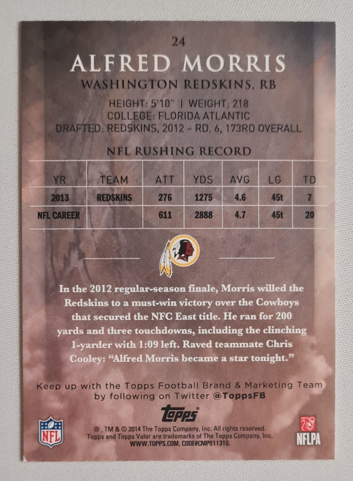 Alfred Morris - 2014 Topps NFL Football Washington Redskins #24