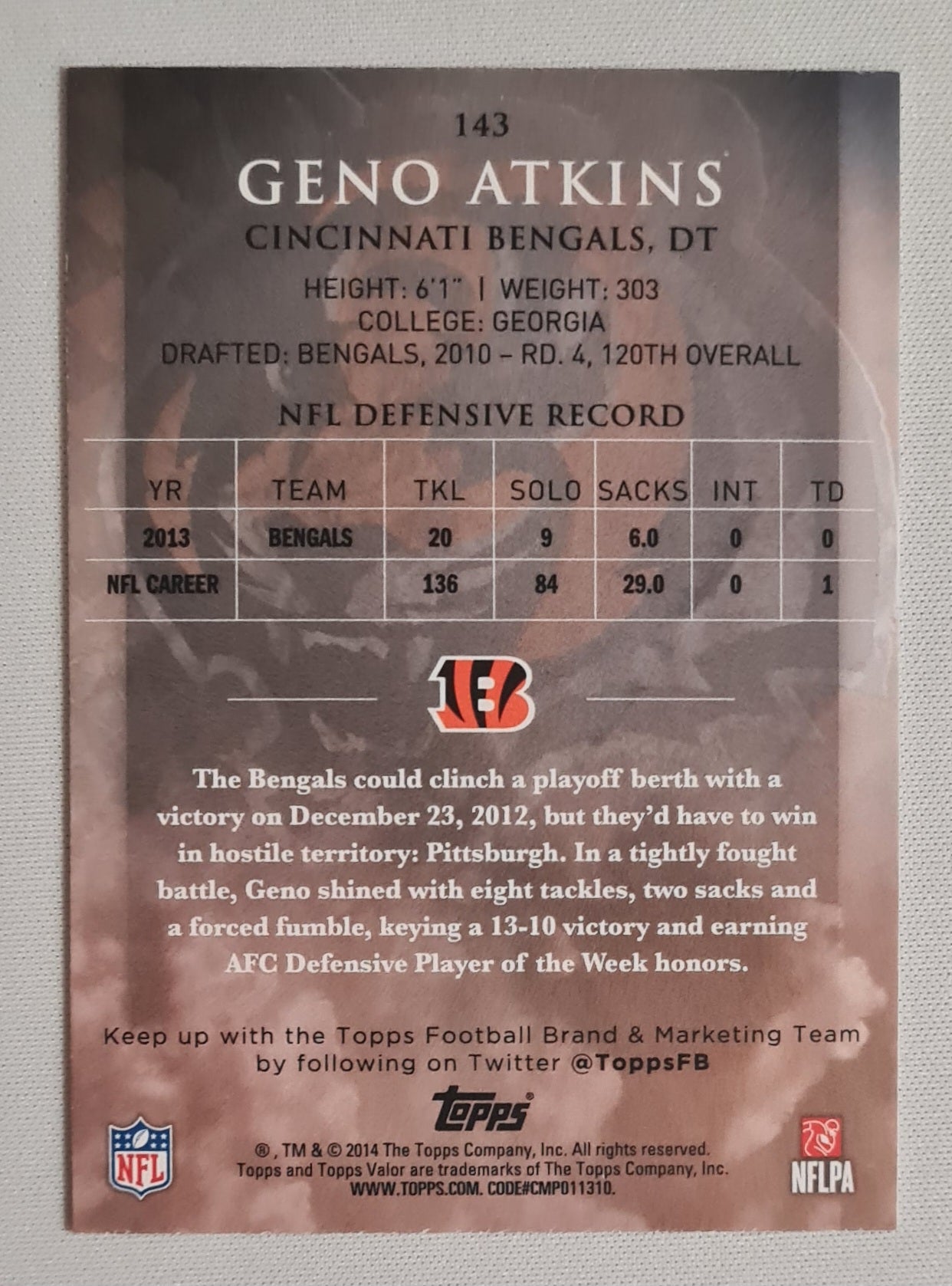 Geno Atkins - 2014 Topps NFL Football Cincinnati Bengals #143