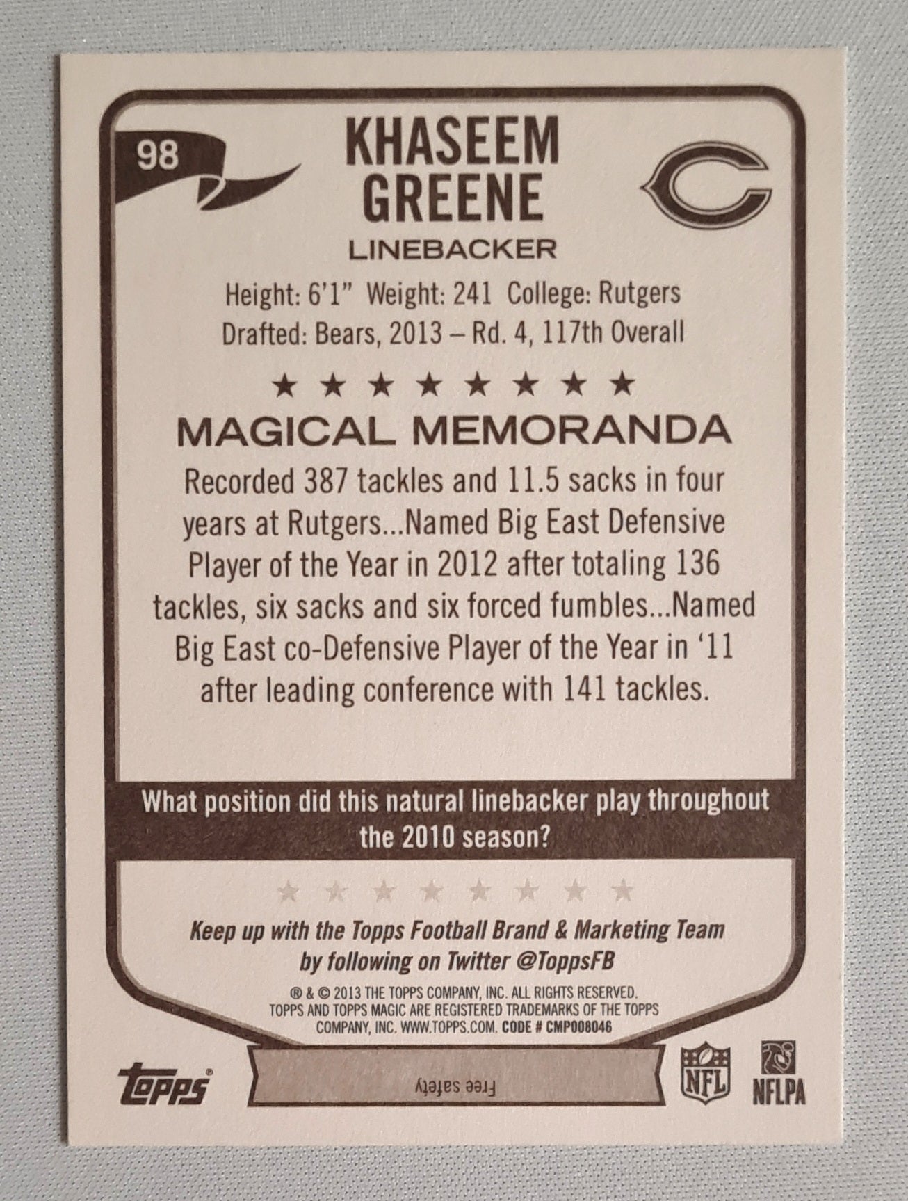Khaseem Greene -2013 Topps NFL Football Chicago Bears (Magical Memoranda) #98