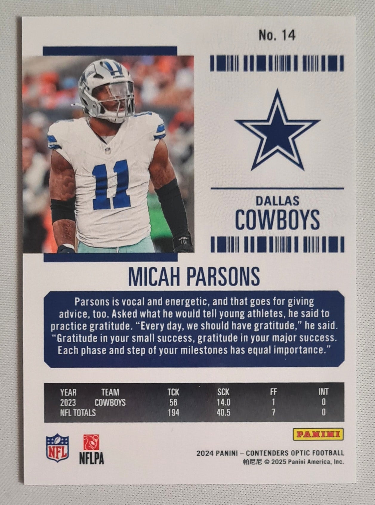 Micah Parsons - 2024 Panini Contenders Optic Football NFL Dallas Cowboys Season Ticket #14