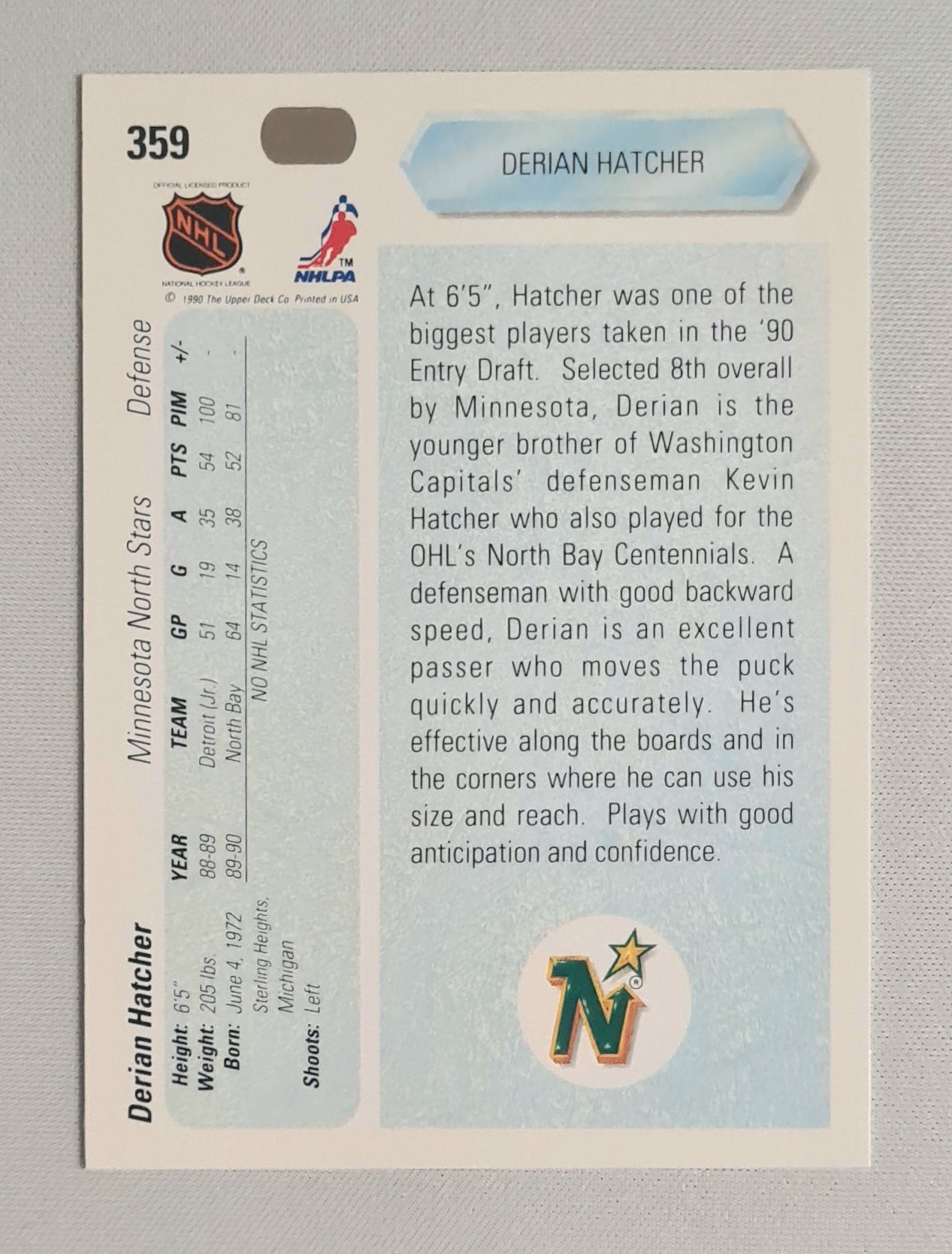 Derian Hatcher - 1990 Upper Deck NHL Ice Hockey #1 Draft Pick Minnesota North Stars #359