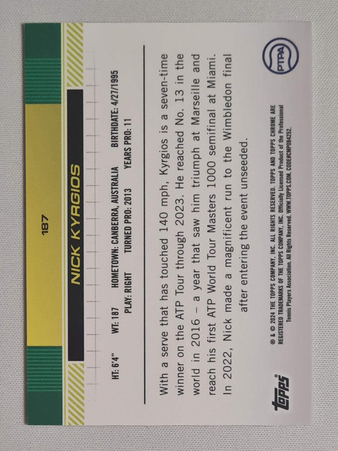Nick Kyrgios - 2024 Topps Chrome PTPA Tennis #187