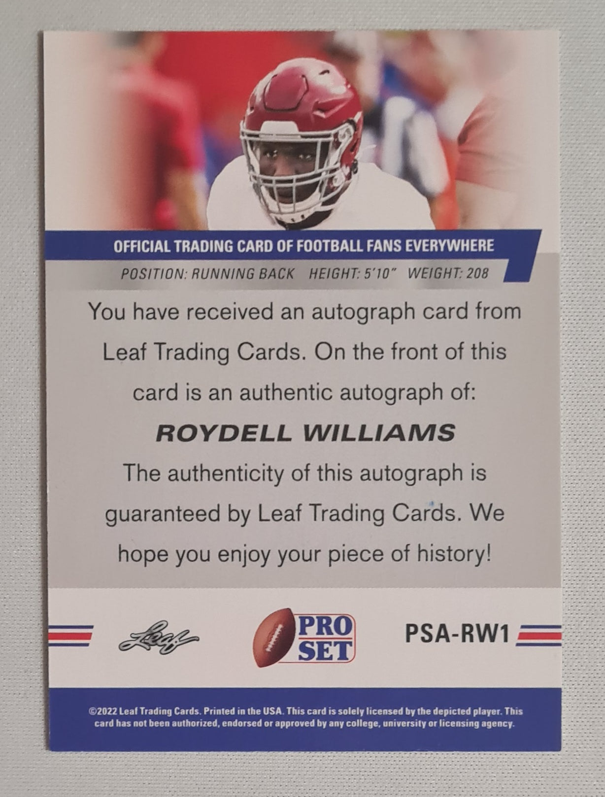 Roydell Williams - 2022 Leaf Trading Cards Football Pro Set #PSA-RW1 (RC) /Auto