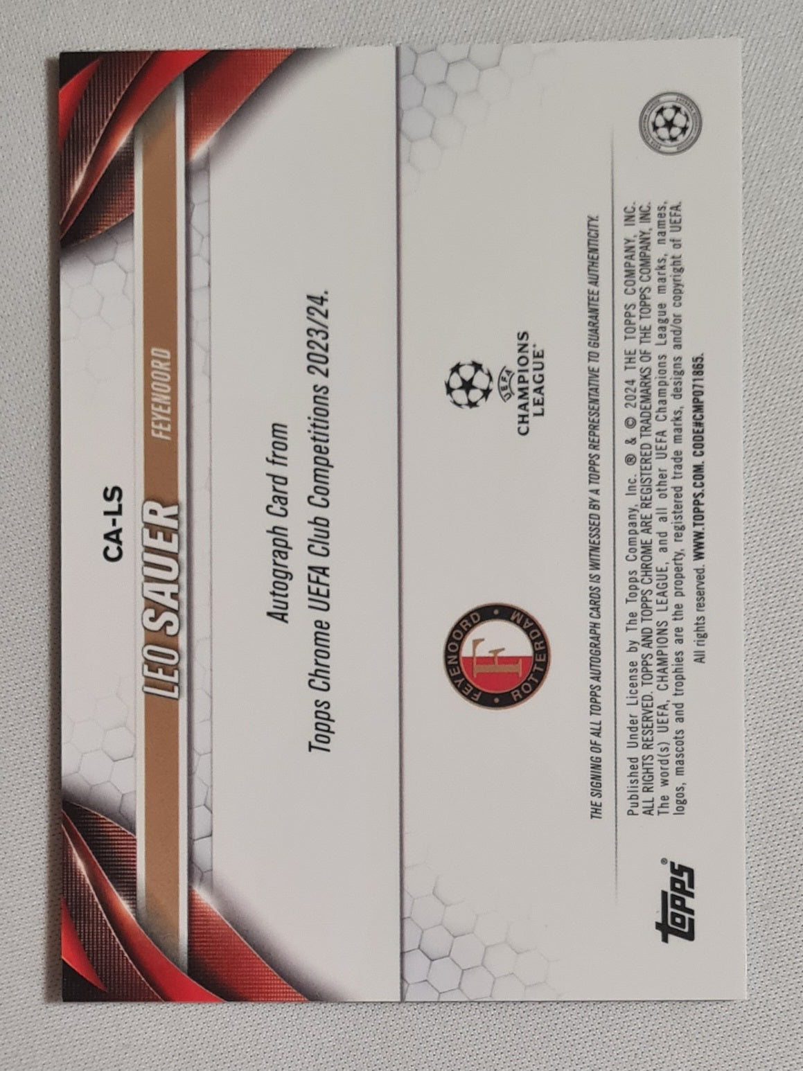 Leo Sauer -2024 Topps Chrome Rotterdam Feyenoord (RC) #CA-LS Refractor /Autograph
