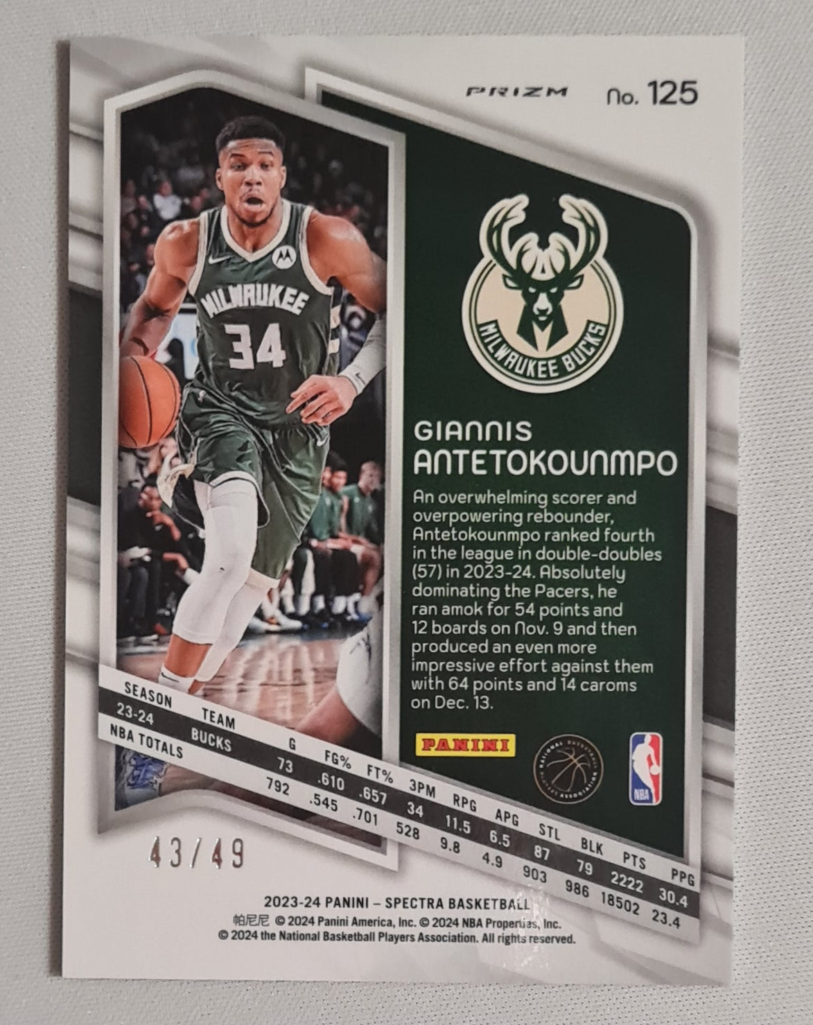 Giannis Antetokounmpo - 2023/24 Panini Spectra Basketball NBA Milwaukee Bucks #125 Cracked Ice /49