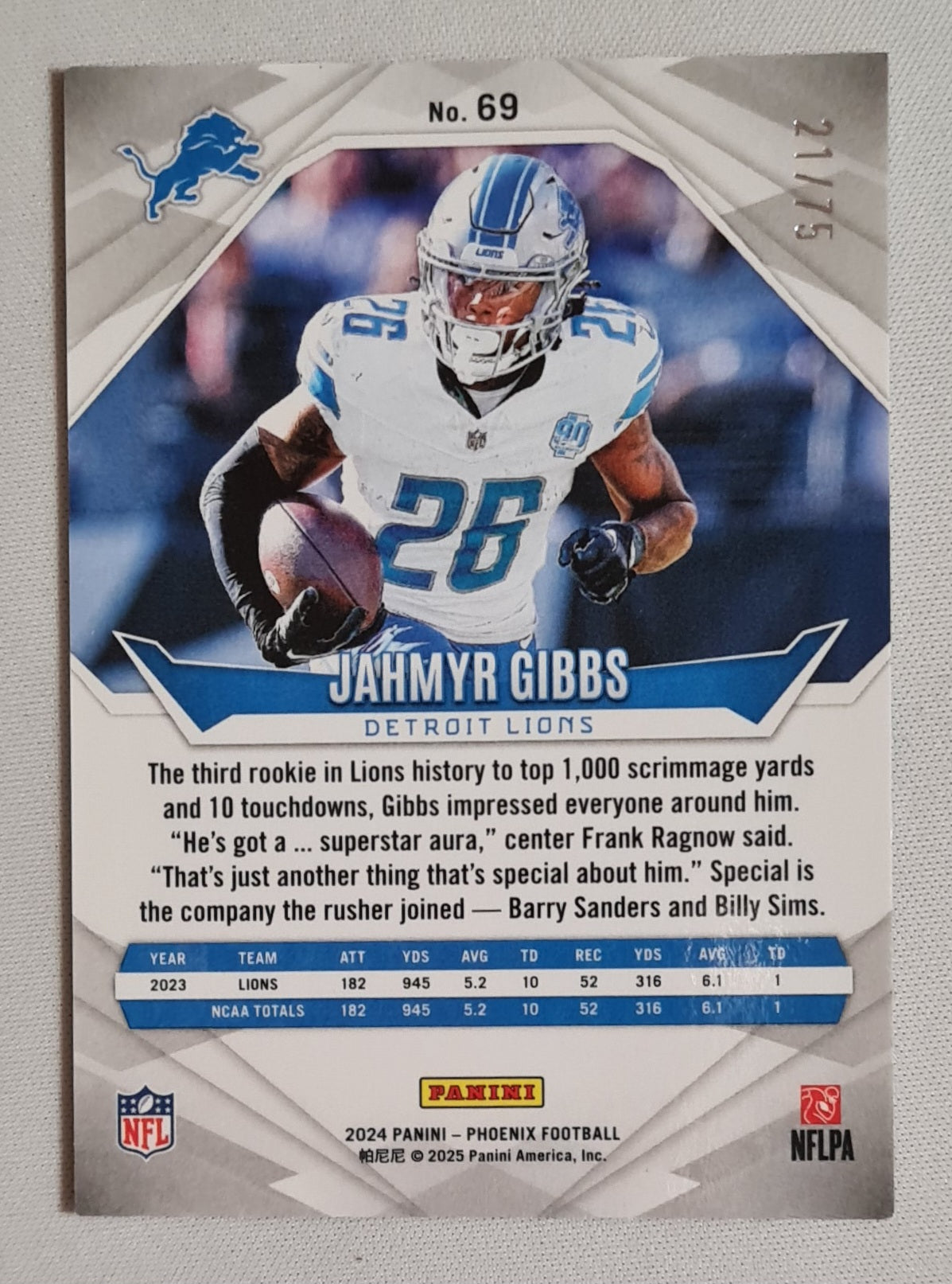Jahmyr Gibbs - 2024 Panini Phoenix Football NFL Detroit Lions #69 Bronze Phoenix /75