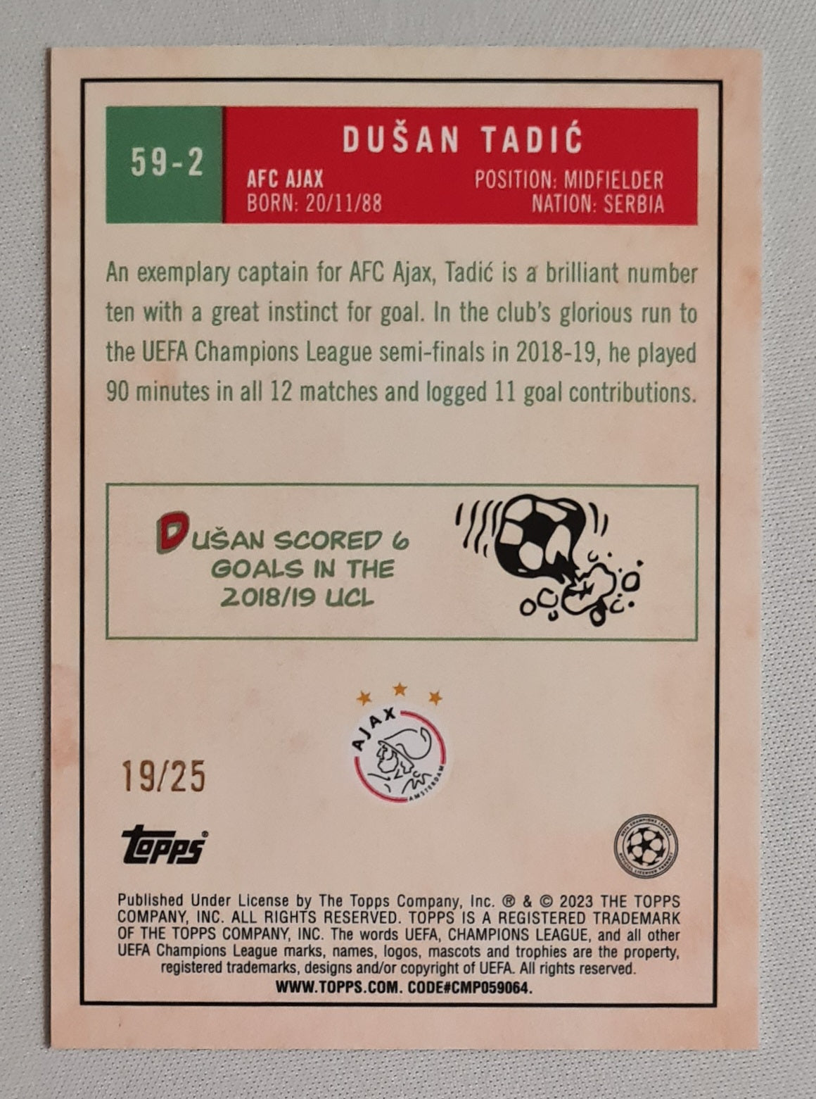 Dusan Tadic - 2023 Topps (CL) AFC Ajax #59-2 Gold Refractor /25