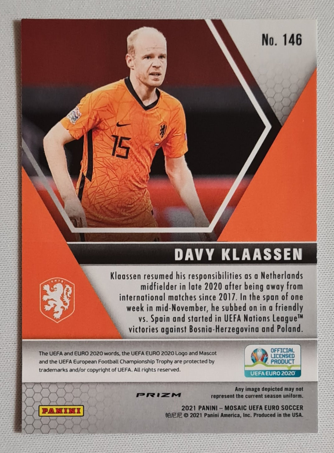 Davy Klaassen - 2021 Panini Mosaic UEFA Euro Soccer National Team KNVB Netherlands #146 Peacock Prizm