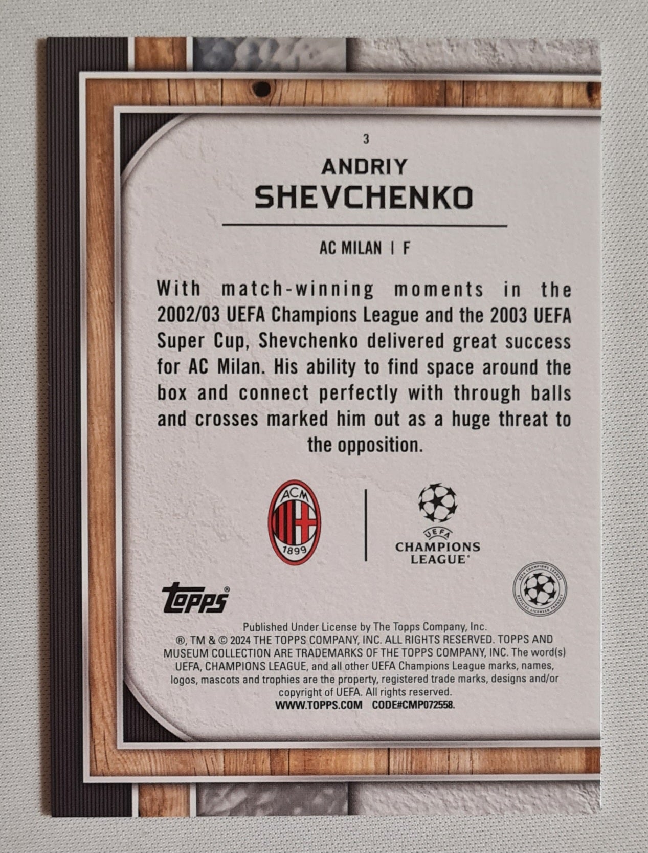 Andriy Shevchenko - 2024 Topps AC Milan (CL) #3 /75