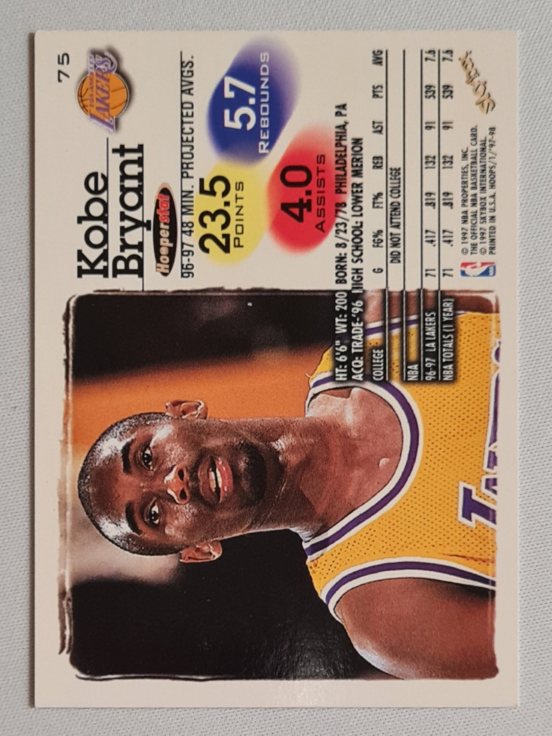 Kobe Bryant - 1997 SkyBox NBA Basketball (Hooperstar) LA Lakers #75