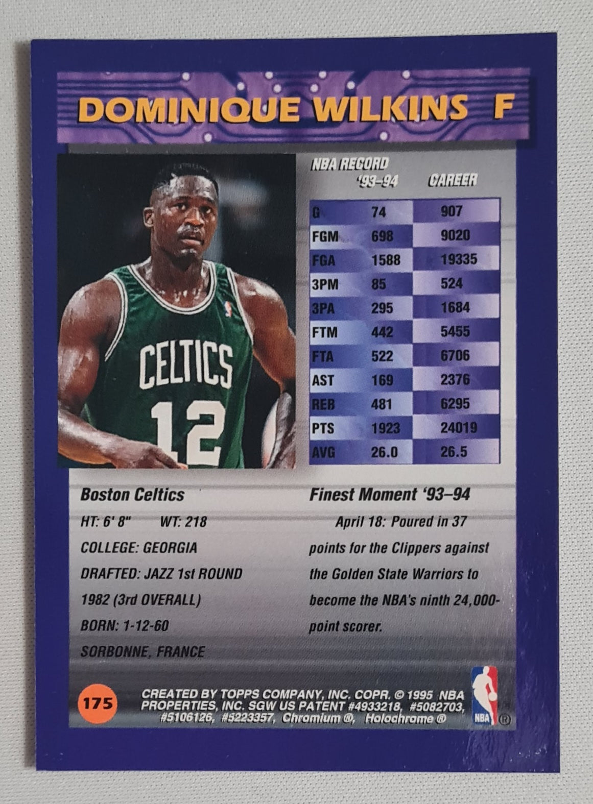 Dominique Wilkins - 1995 Topps Finest  NBA Basketball Boston Celtics #175