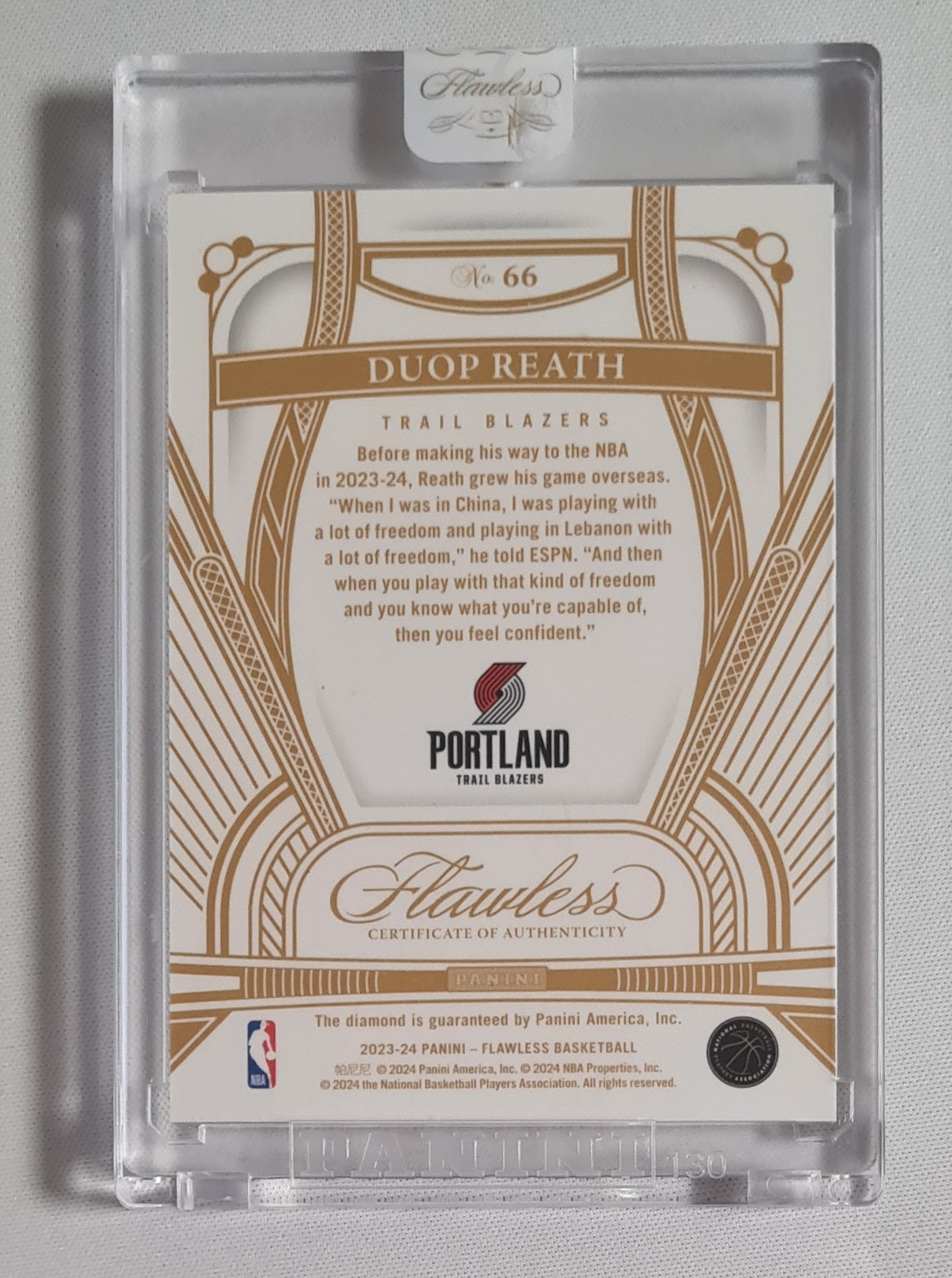 Duop Reath - 2023/24 Panini Flawless Basketball NBA Portland Trailblazers #66 /10 + Flawless Diamond