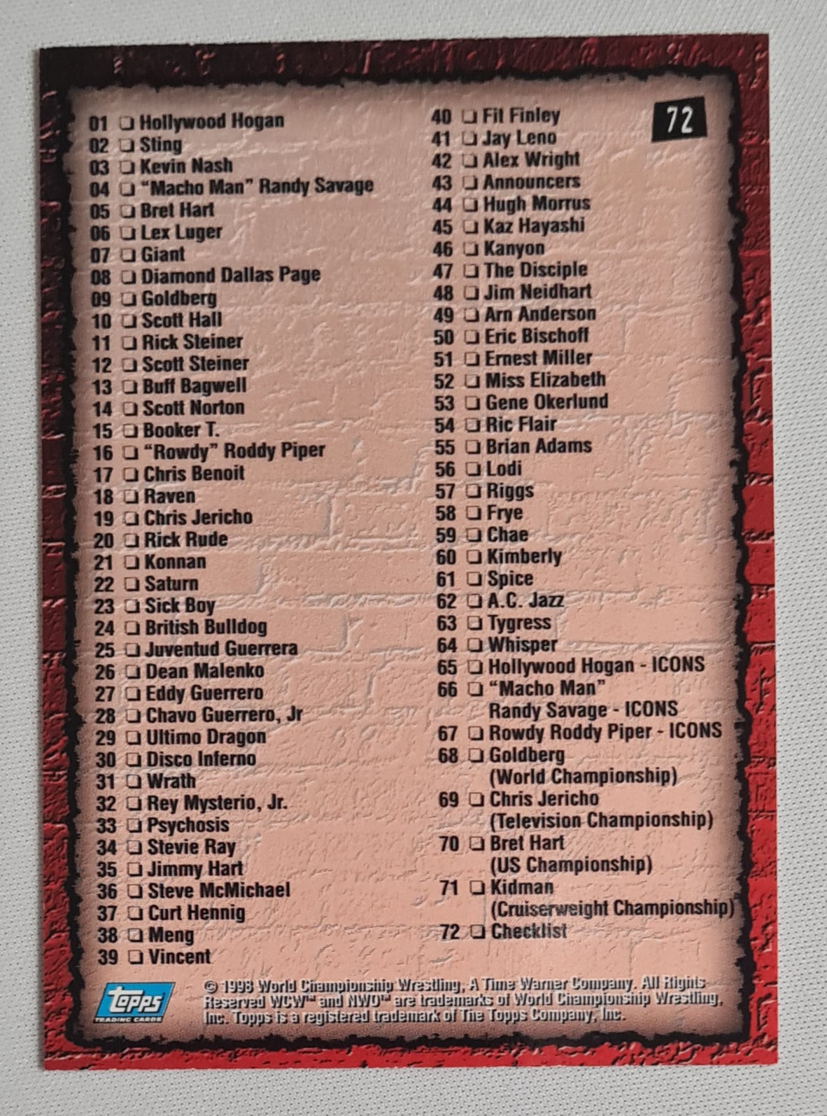 WCW/NWO - 1998 Topps Wrestling Series One - Featuring Hollywood Hogan & Goldberg - Checklist #72