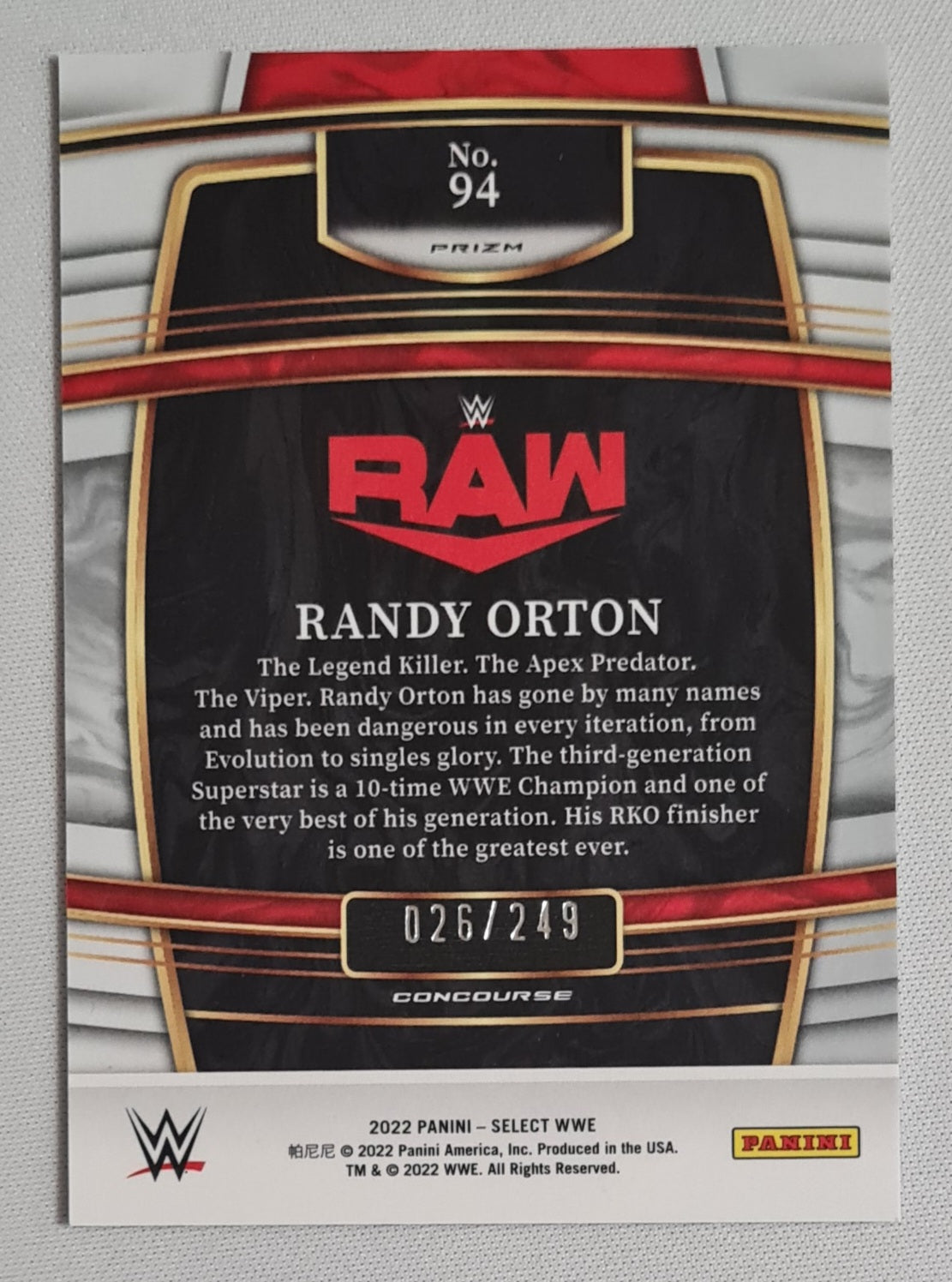 Randy Orton - 2022 Panini Select WWE Wrestling RAW #94 Red Prizm Concourse /249