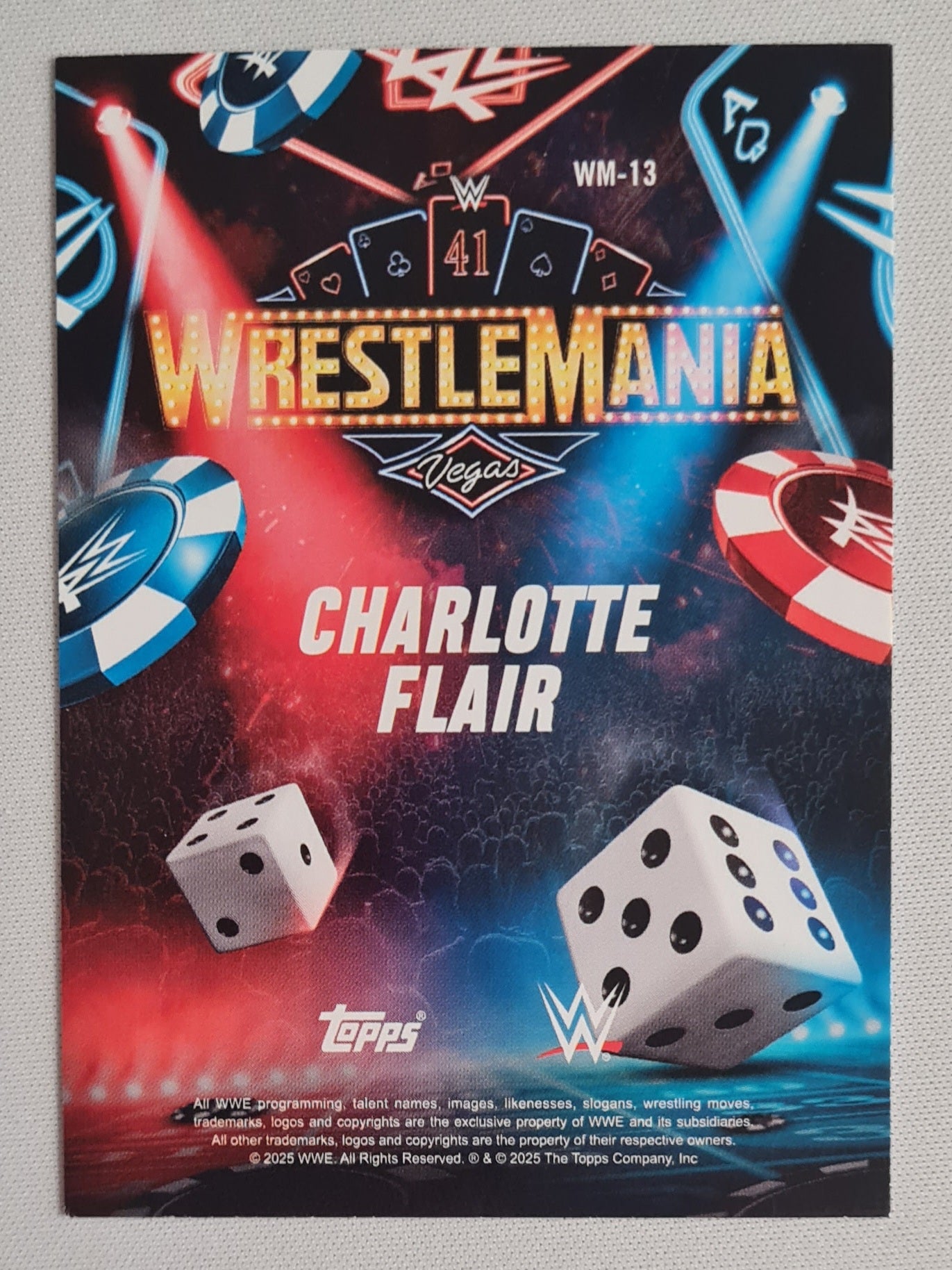 Charlotte Flair - 2025 Topps WWE Wrestling - WrestleMania - Las Vegas #WM-13 Blue Dice /499