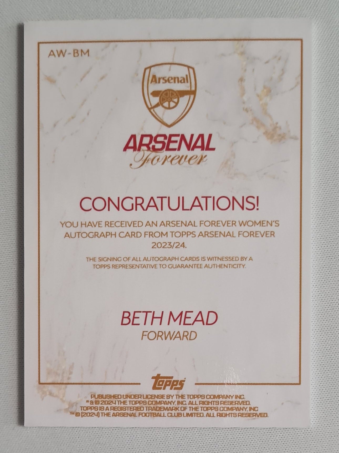 Beth Mead - 2024 Topps Certified Autograph Card Arsenal Forever #AW-BM /Autograph