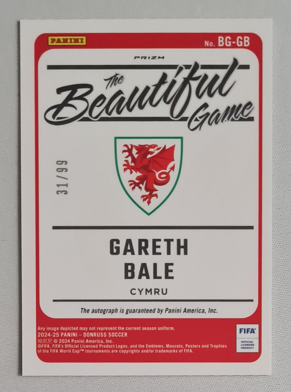 Gareth Bale - 2024/25 Panini Donruss Soccer FIFA - The Beautiful Game National Team Wales - Cymru #BG-GB Blue/99 Autograph