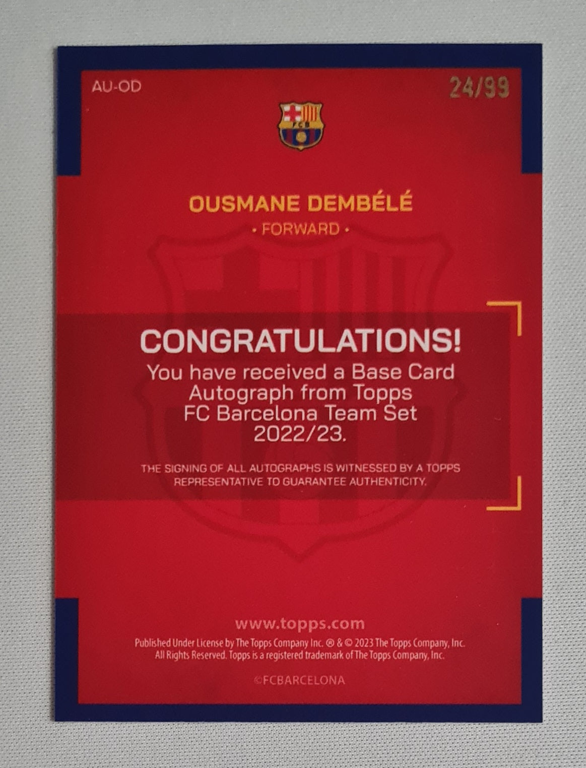 Ousmane Dembele - 2022/23 Topps FC Barcelona Team Set #AU-OD /99 Pink Foil Autograph