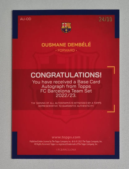 Ousmane Dembele - 2022/23 Topps FC Barcelona Team Set #AU-OD /99 Pink Foil Autograph