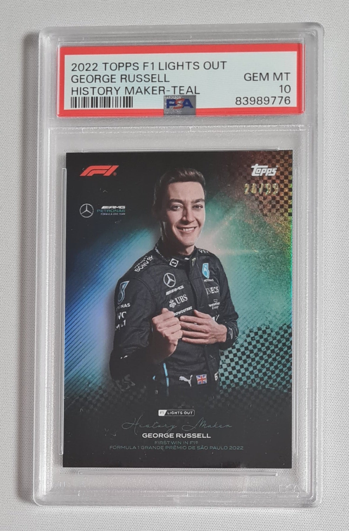 George Russell - 2022 Topps F1 Lights out - History Maker - /99 Teal PSA 10 GEM MT