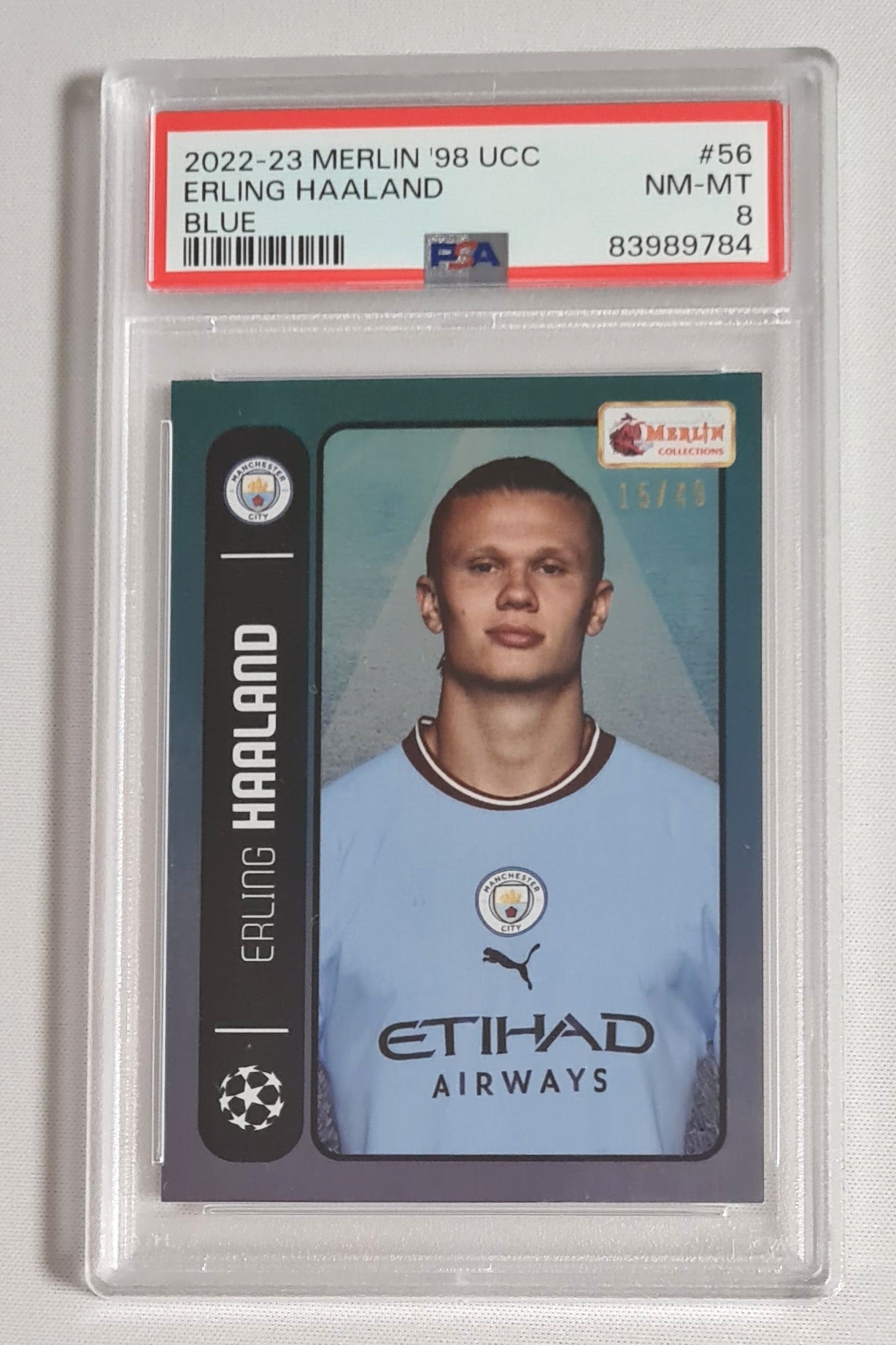 Erling Haaland - 2022/23 Topps Merlin Heritage 1998 UCC Manchester City #56 Blue /40 PSA 8 NM-MT