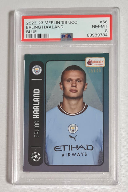 Erling Haaland - 2022/23 Topps Merlin Heritage 1998 UCC Manchester City #56 Blue /40 PSA 8 NM-MT