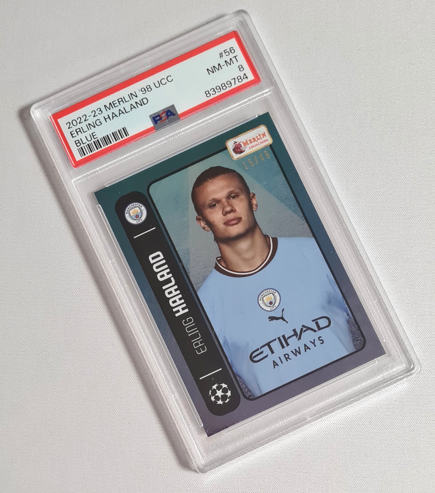 Erling Haaland - 2022/23 Topps Merlin Heritage 1998 UCC Manchester City #56 Blue /40 PSA 8 NM-MT