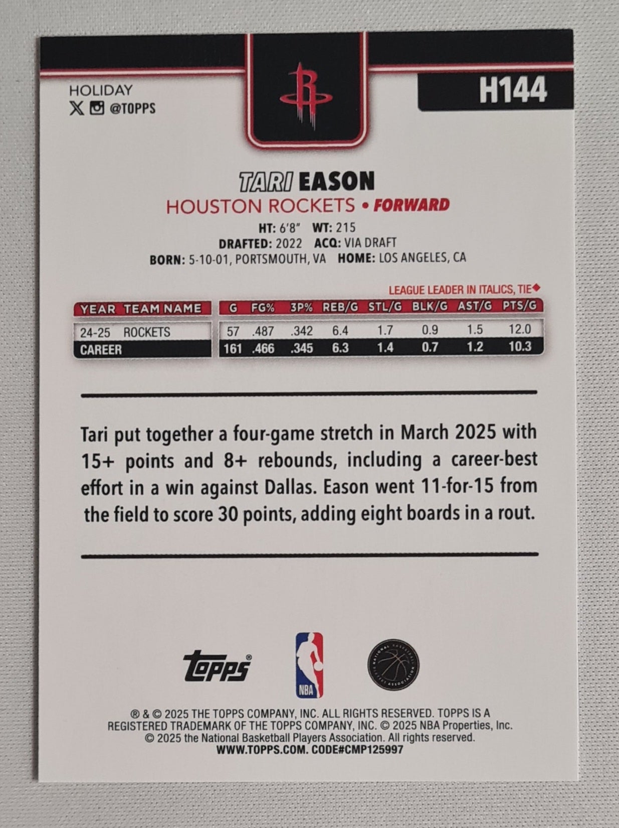 Tari Eason - 2025 Topps Holiday NBA Basketball Set Houston Rockets #H144