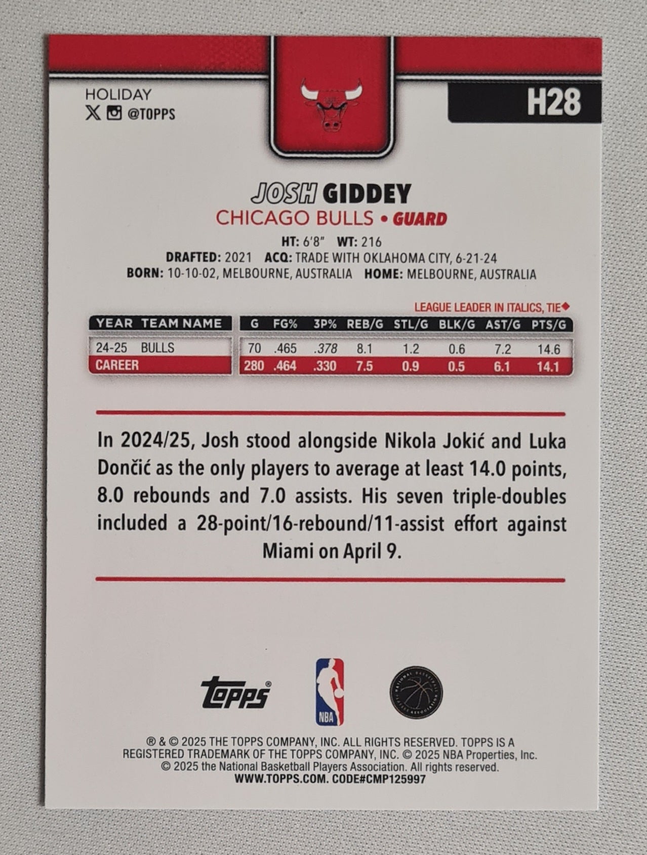 Josh Giddey - 2025 Topps Holiday Snowflake Glitter - NBA Basketball Set Chicago Bulls #H28