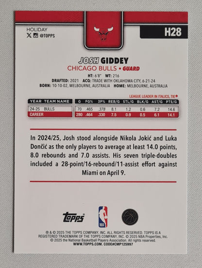 Josh Giddey - 2025 Topps Holiday Snowflake Glitter - NBA Basketball Set Chicago Bulls #H28