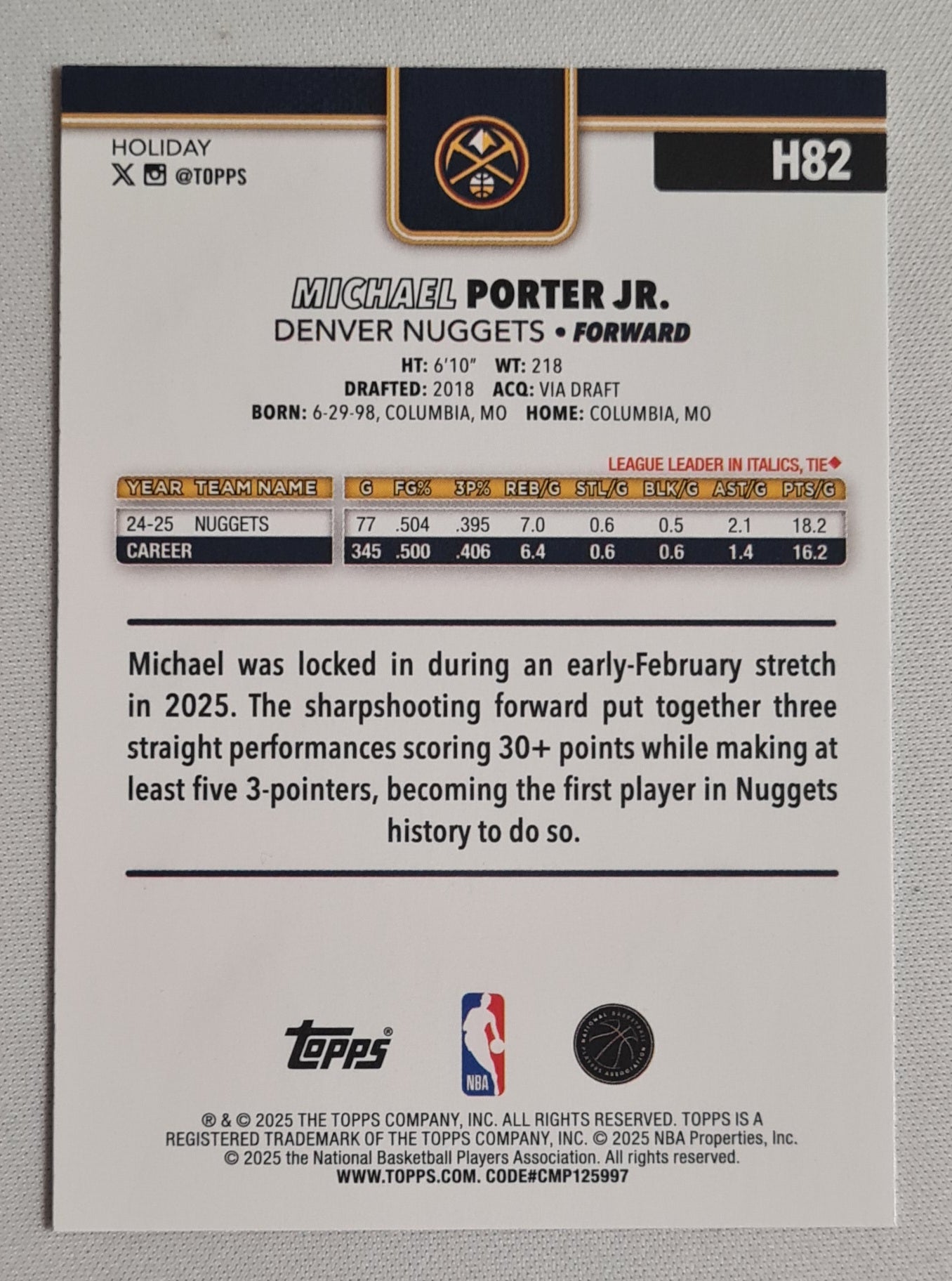 Michael Porter Jr. - 2025 Topps Holiday Snowflake Glitter - NBA Basketball Denver Nuggets #H82