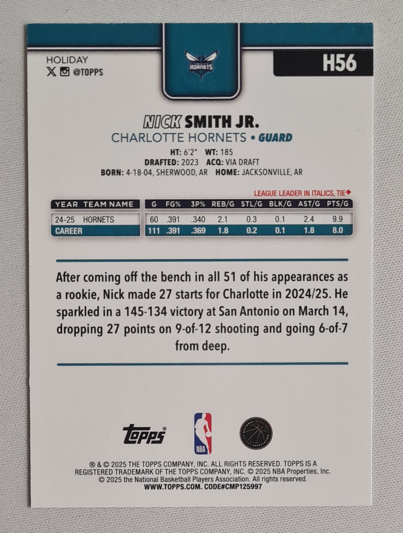 Nick Smith Jr. - 2025 Topps Holiday NBA Basketball Charlotte Hornets #H56
