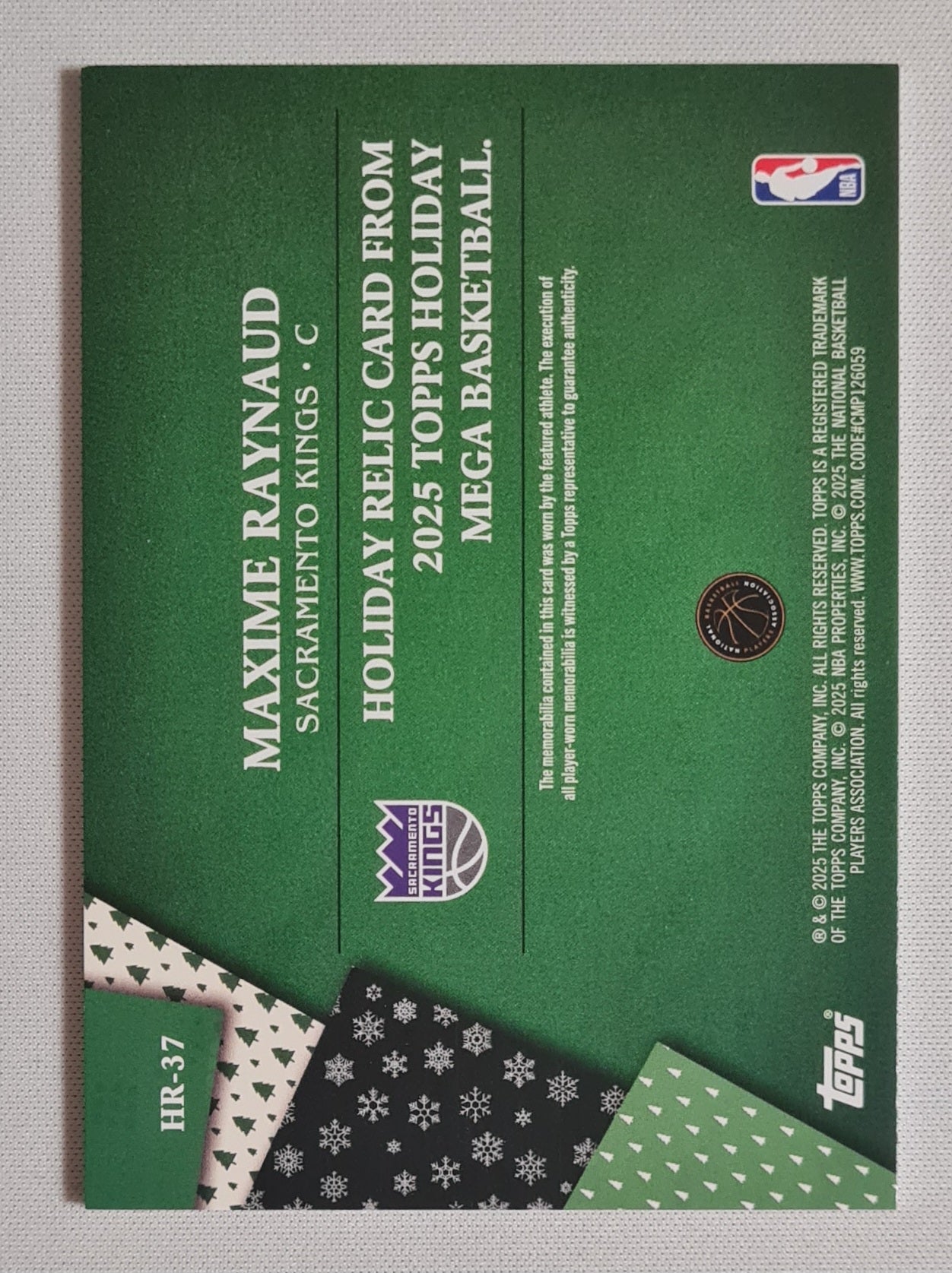 Maxime Raynaud - 2025 Topps Holiday Relic Card Mega Basketball NBA Sacramento Kings #HR-37 /Patch