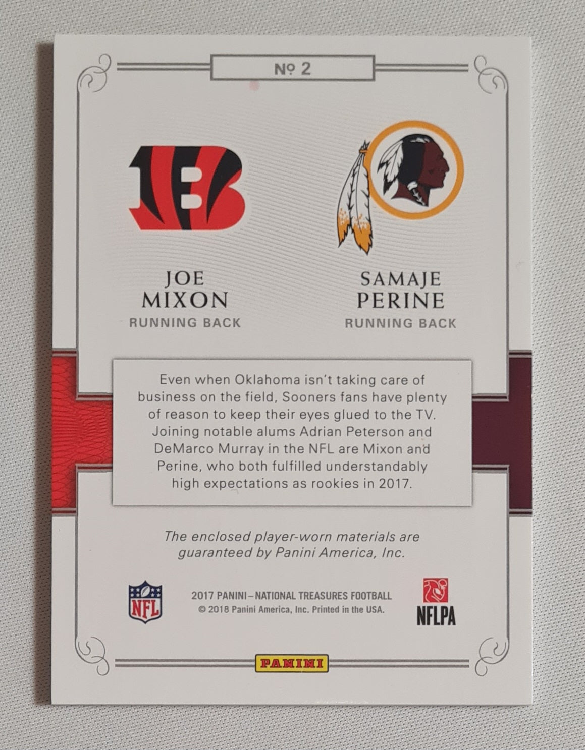 Joe Mixon & Samaje Perine - 2017 Panini National Treasure Football NFL #2 /dual Patch - Player Worn!